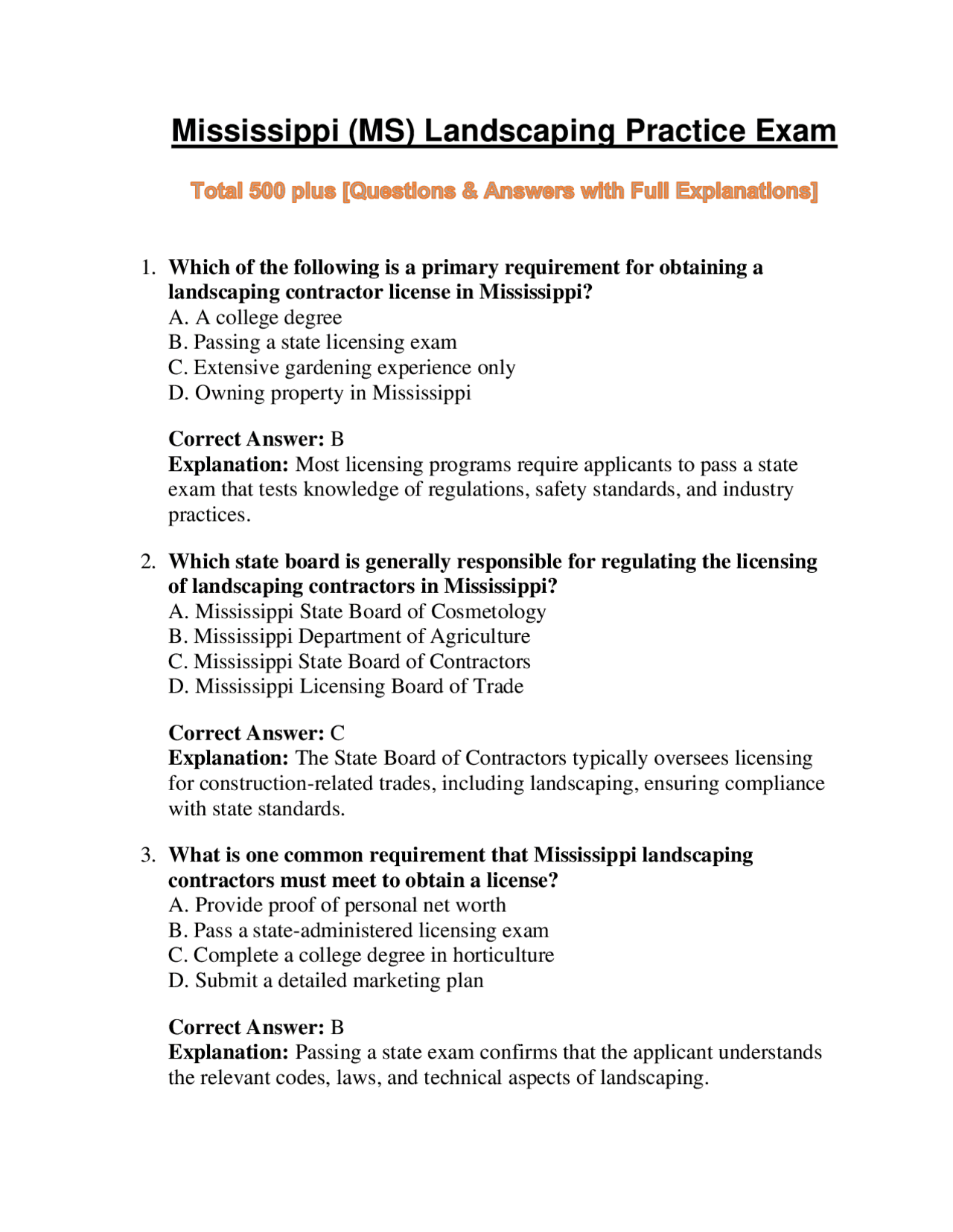 Mississippi (MS) Landscaping Practice Exam | Exams Technology | Docsity