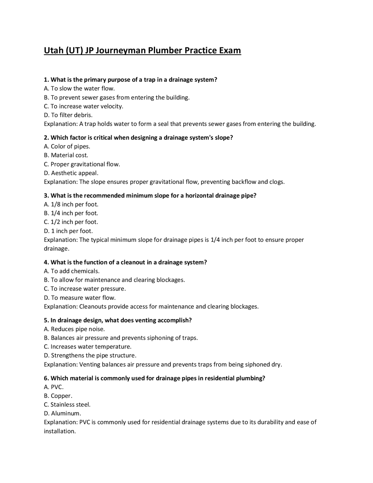 Utah (UT) JP Journeyman Plumber Practice Exam | Exams Technology | Docsity