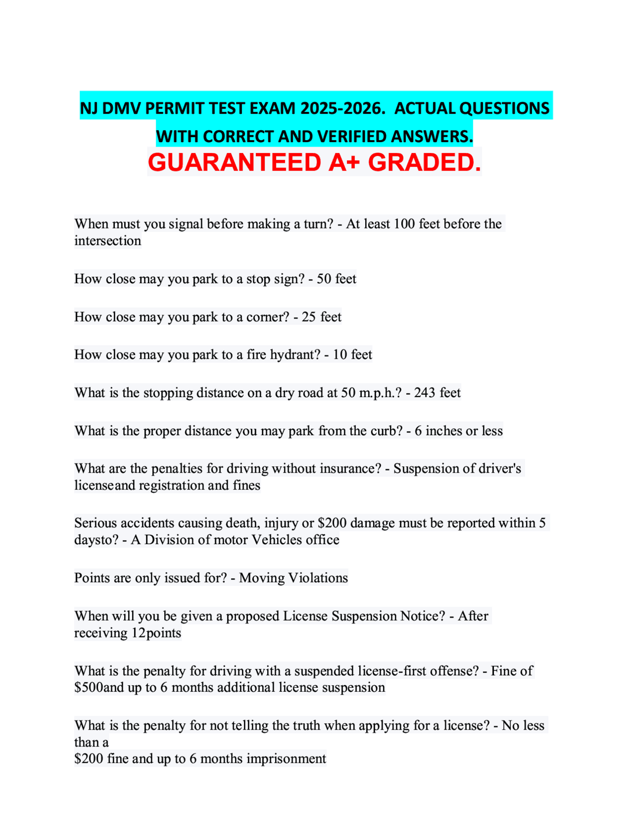 NJ DMV PERMIT TEST EXAM 2025-2026. ACTUAL QUESTIONS WITH CORRECT AND ...