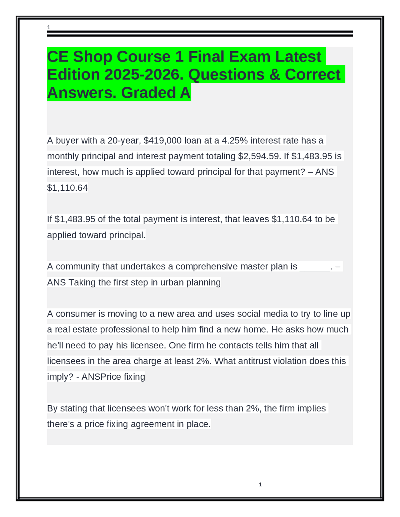 CE Shop Course 1 Final Exam Latest Edition 2025-2026. Questions ...