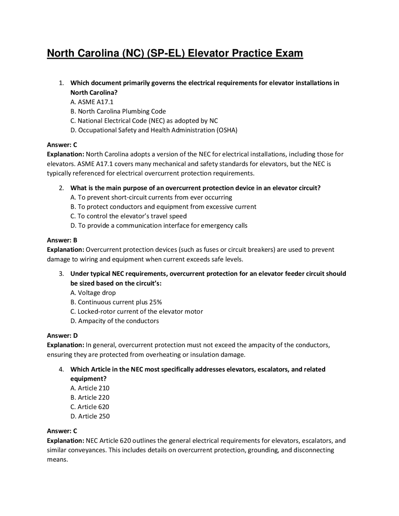 North Carolina (NC) (SP‑EL) Elevator Practice Exam | Exams Technology ...