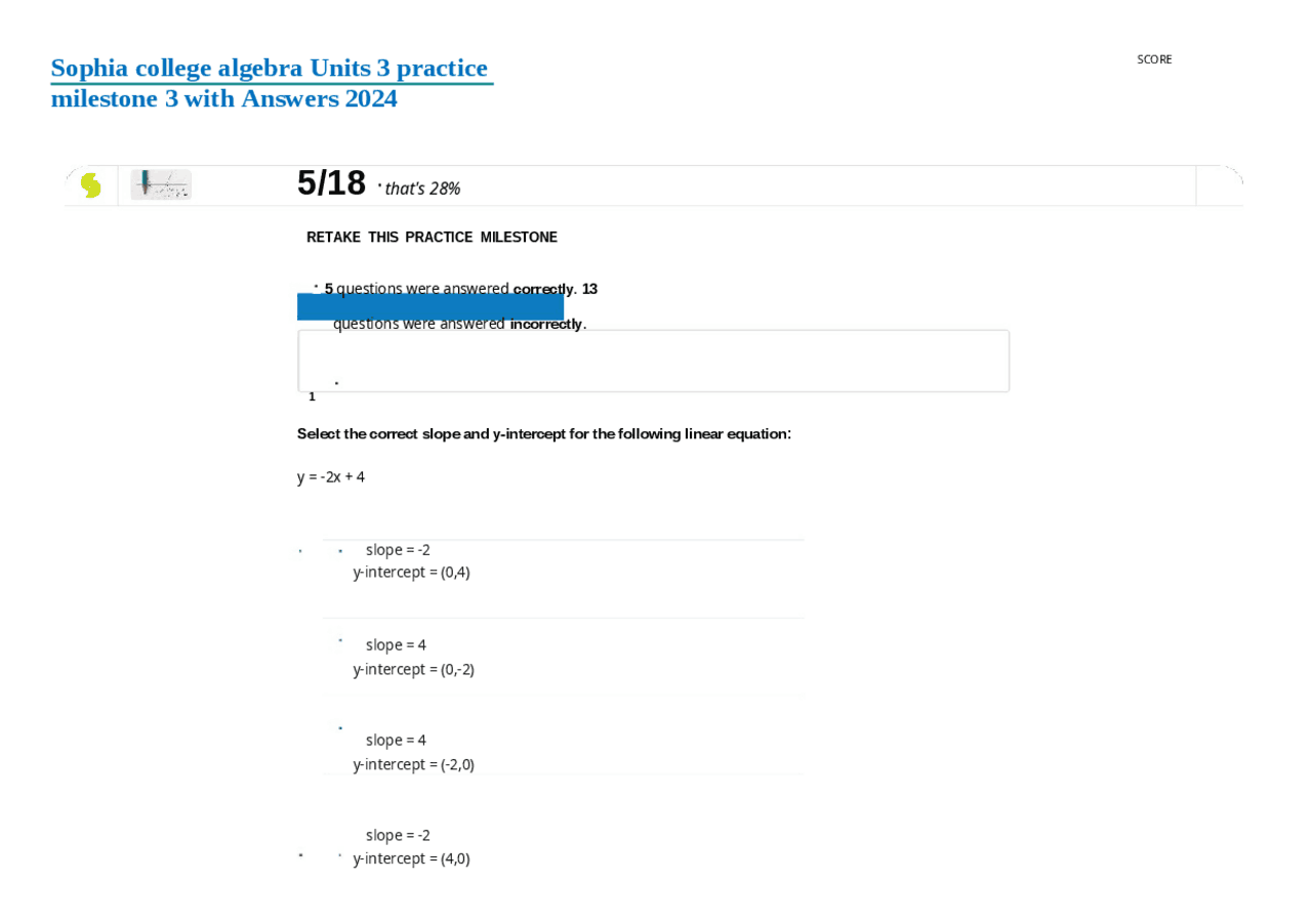 Sophia College Algebra Unit 3 practice milestone 3 with Answers 2024 ...