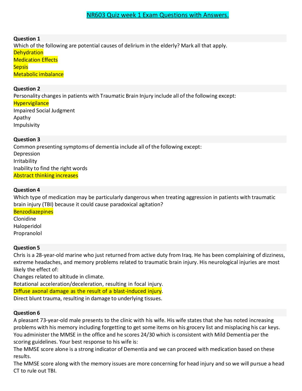 NR603 Quiz week 1 Exam Questions with Answers. | Exams Nursing | Docsity