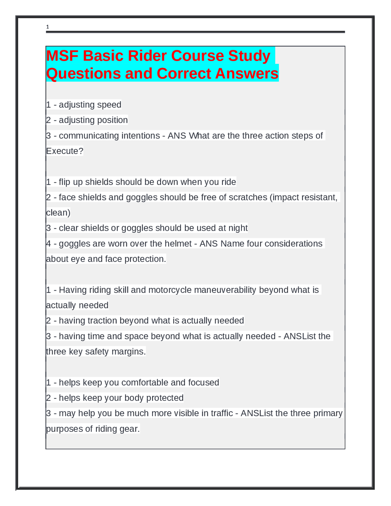 MSF Basic Rider Course Study Questions and Correct Answers | Exams ...
