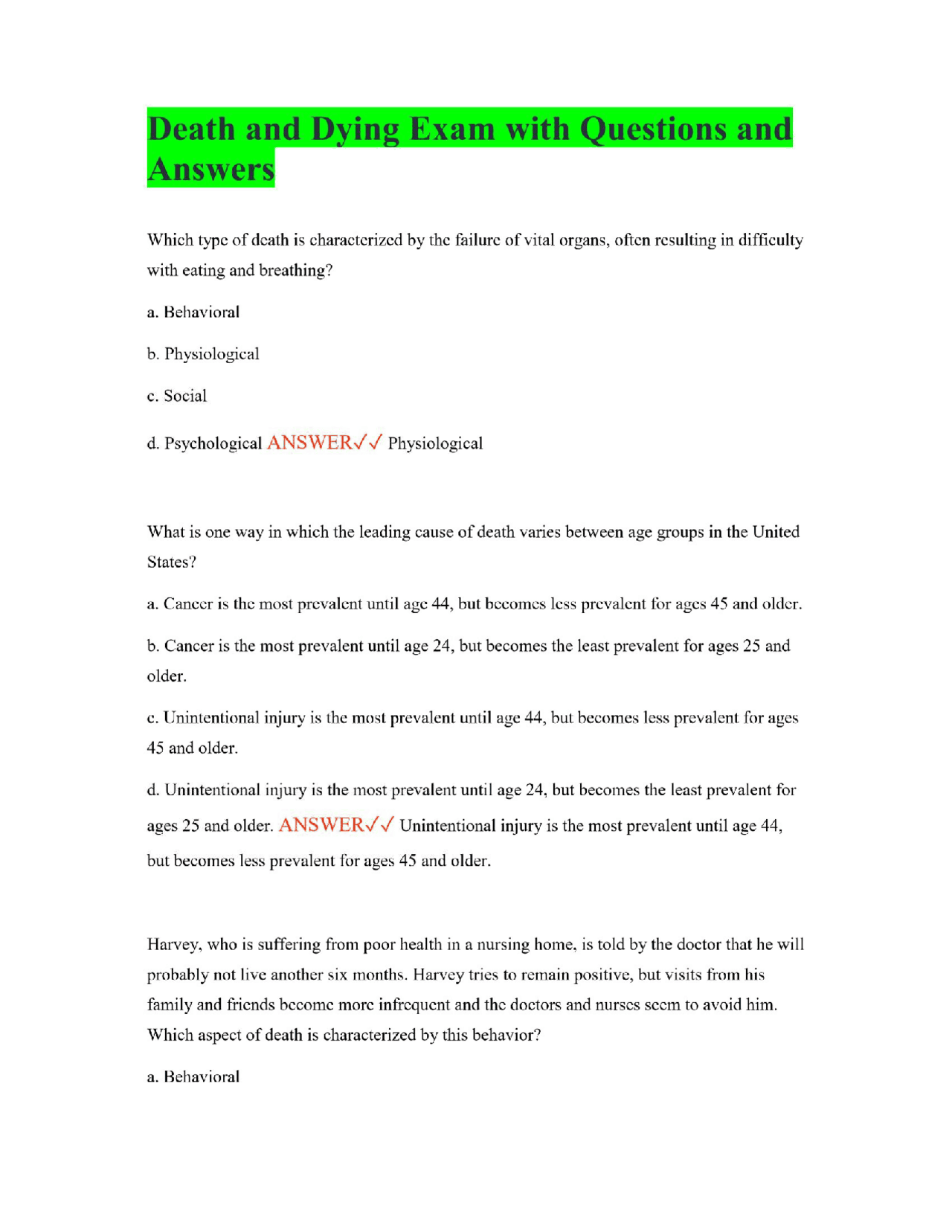 Death and Dying Exam with Questions and Answers | Exams Nursing | Docsity
