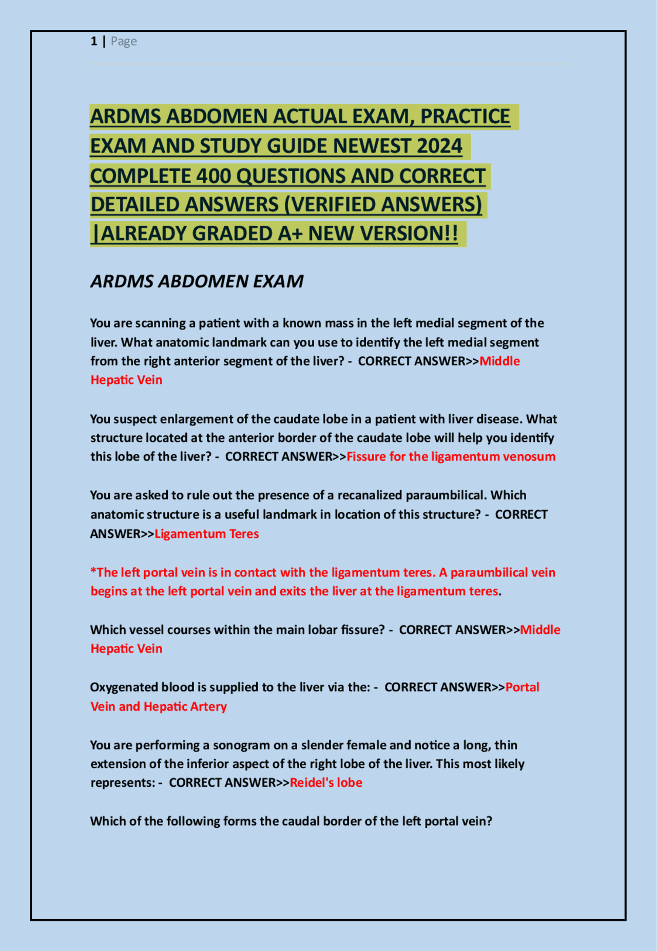 ARDMS ABDOMEN ACTUAL EXAM, PRACTICE EXAM AND STUDY GUIDE NEWEST 2024 ...