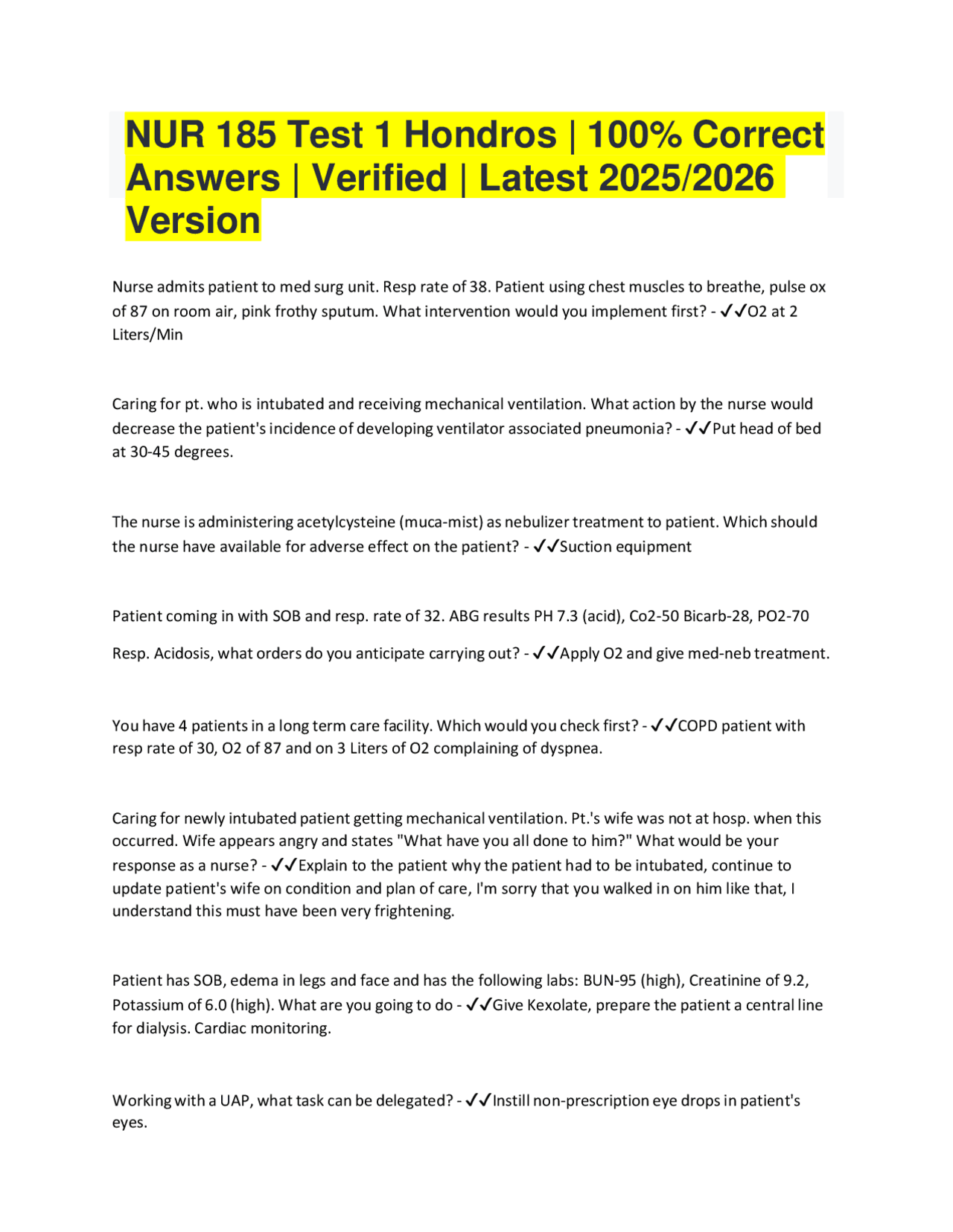 NUR 185 Test 1 Hondros | 100% Correct Answers | Verified | Latest 2025/ ...