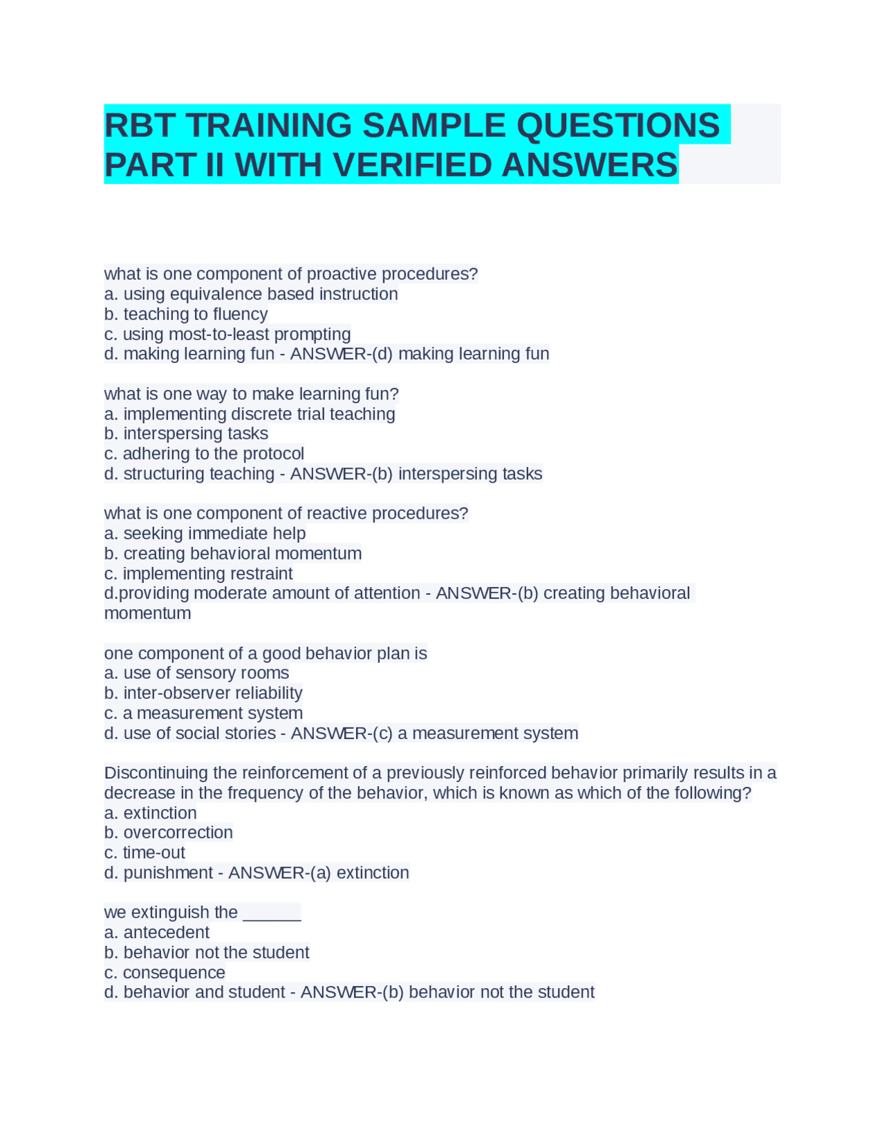 RBT TRAINING SAMPLE QUESTIONS PART II WITH VERIFIED ANSWERS | Exams ...