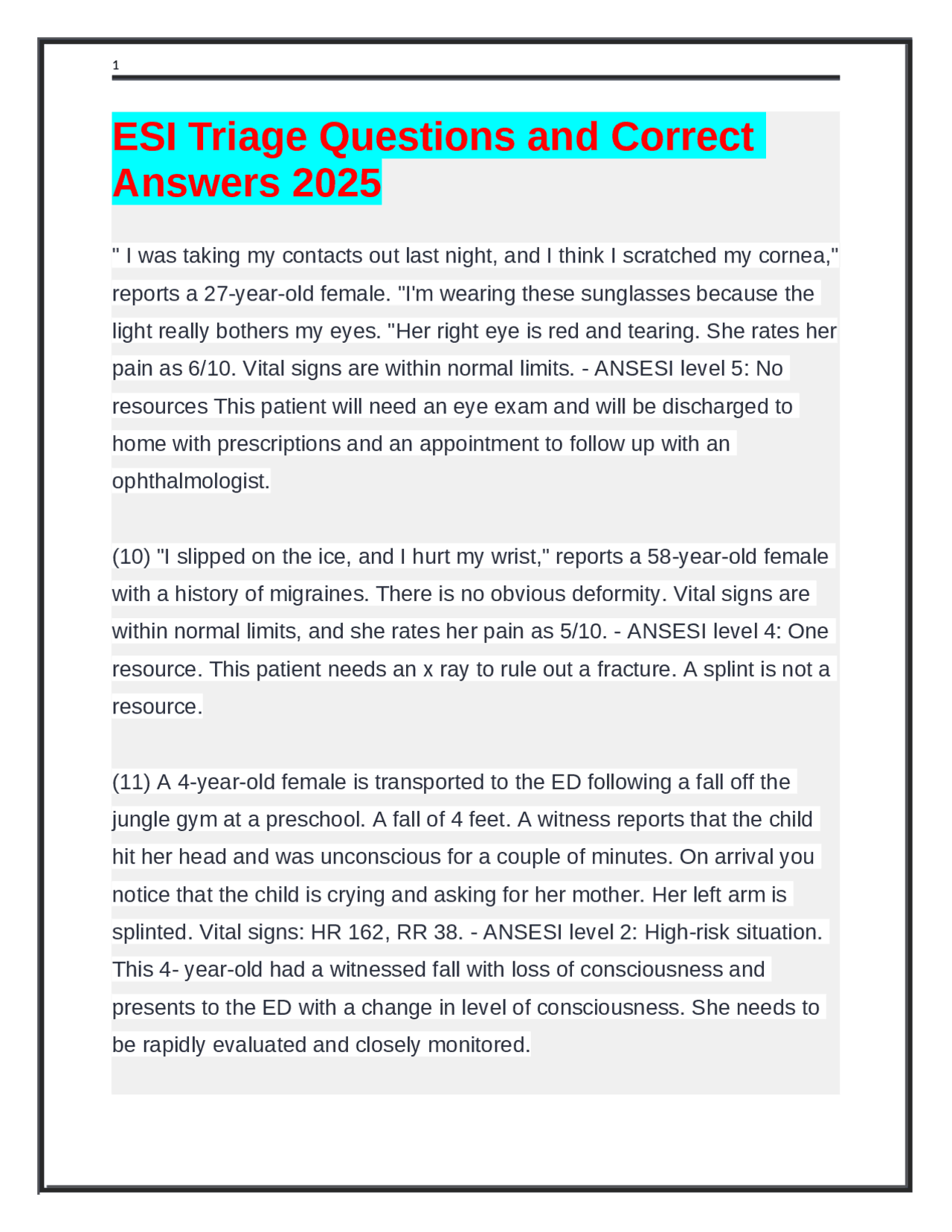 ESI Triage Case Studies: Emergency Department Patient Prioritization ...