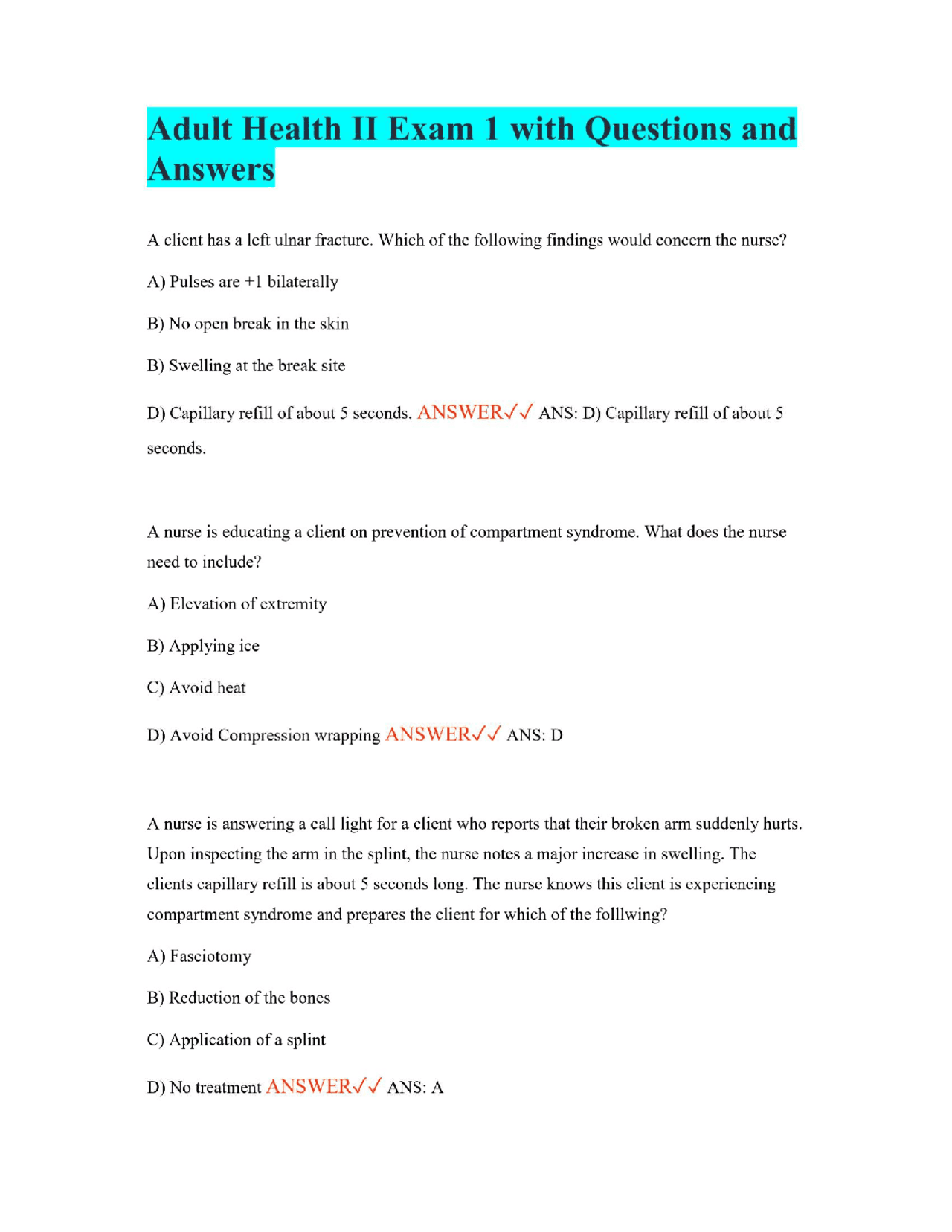 Adult Health II Exam 1 with Questions and Answers | Exams Nursing | Docsity