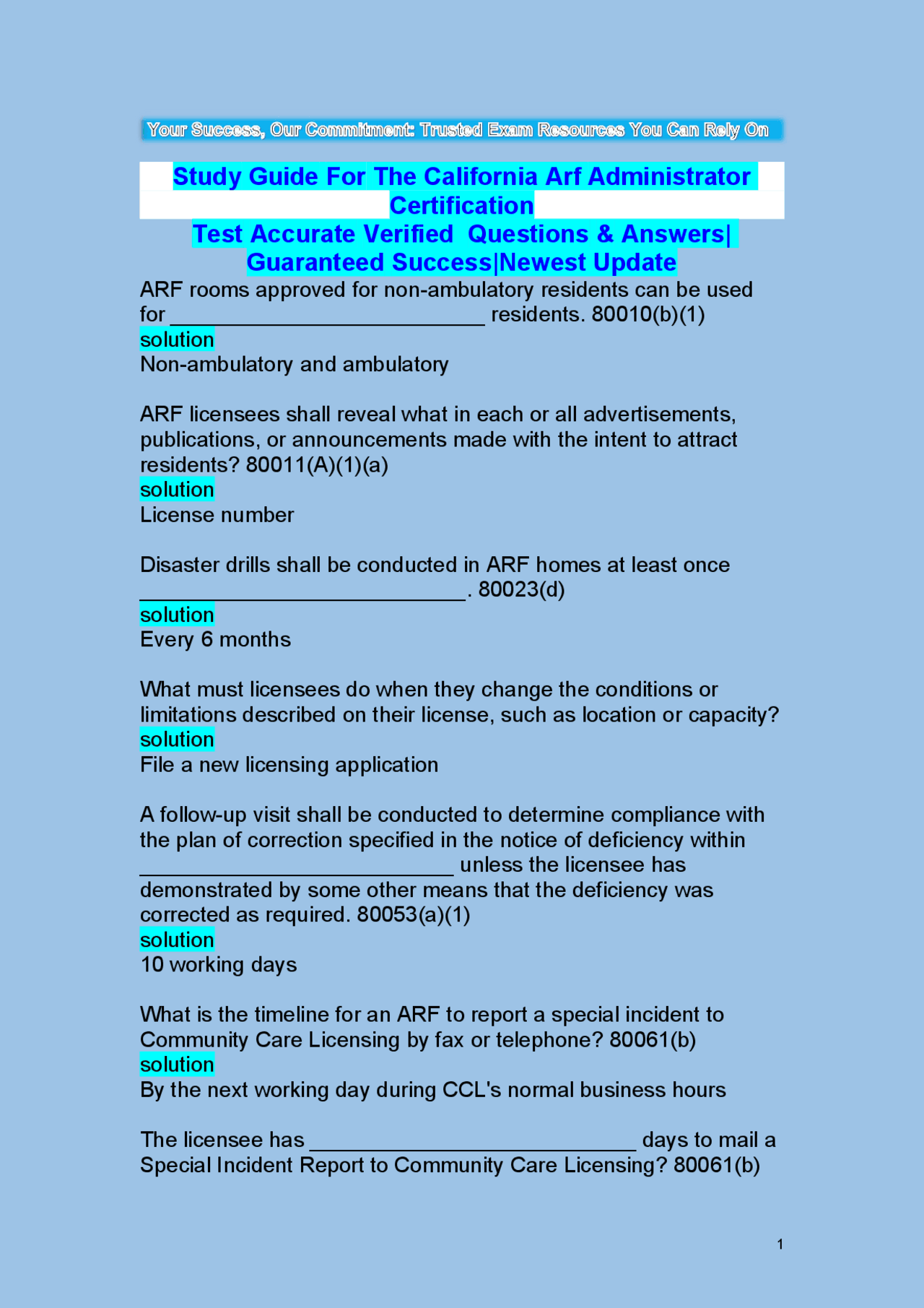 Study Guide for the California ARF Administrator Certification Exam ...
