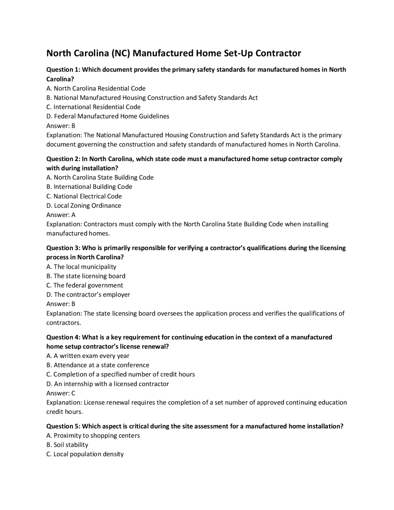 North Carolina (NC) Manufactured Home Set-Up Contractor | Exams ...
