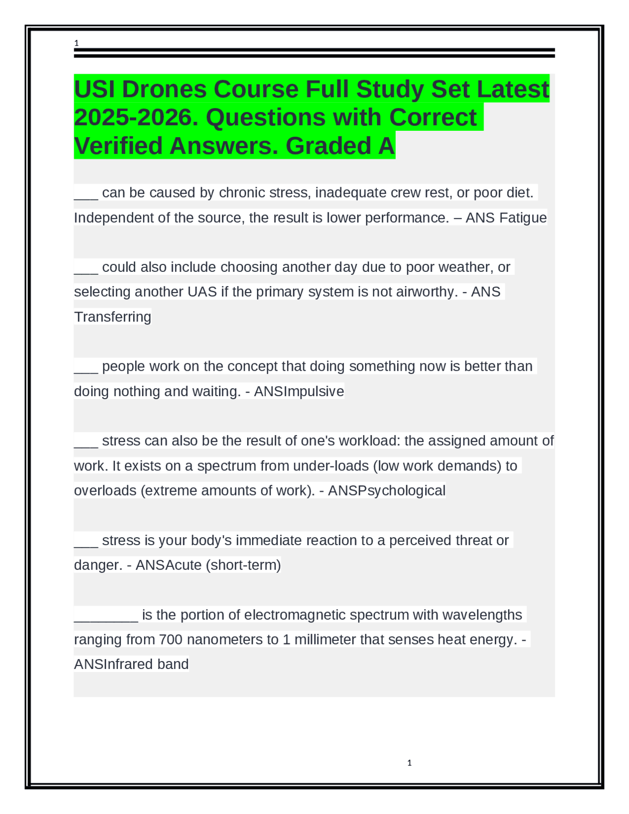 USI Drones Course Full Study Set Latest 20252026. Questions with