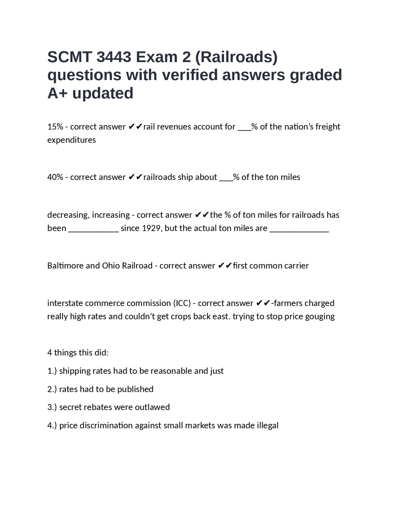 SCMT 3443 Exam 2: Railroads - Questions and Answers | Exams Nursing ...