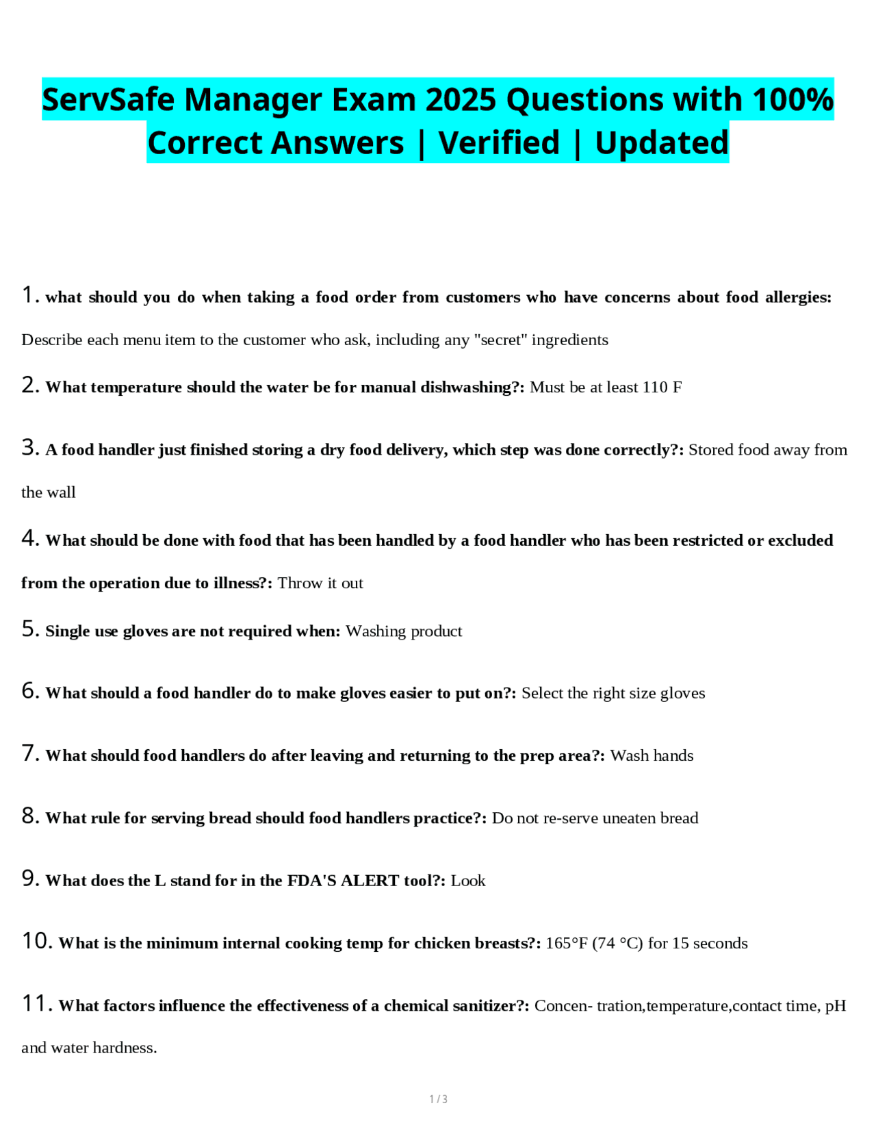 ServSafe Manager Exam 2025 Questions with 100% Correct Answers ...