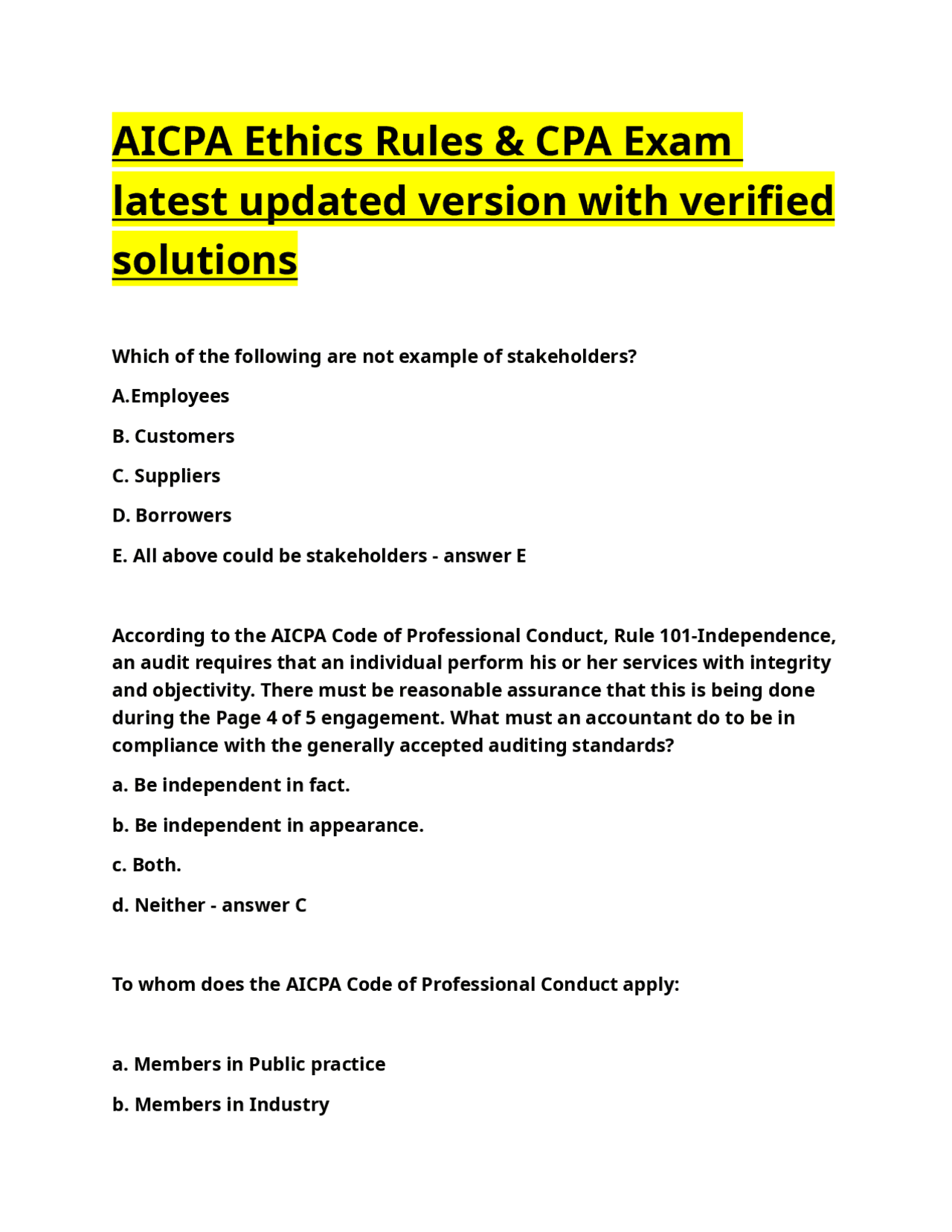 AICPA Ethics Rules & CPA Exam latest updated version with verified ...