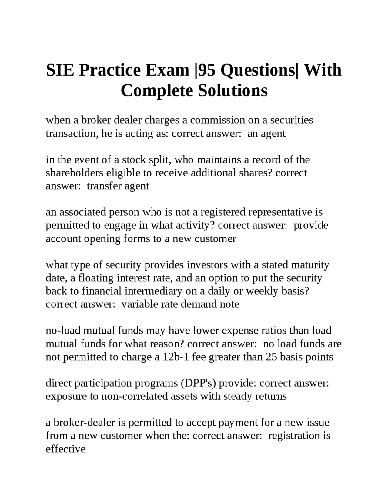 SIE Practice Exam: 95 Questions with Complete Solutions for Securities ...