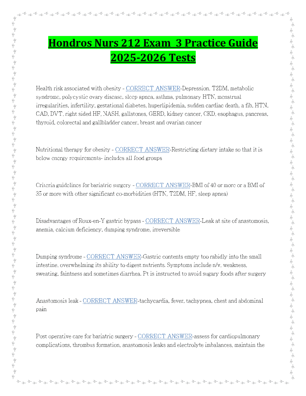Hondros Nurs 212 Exam 3 Practice Guide 2025-2026 Tests | Exams Nursing ...