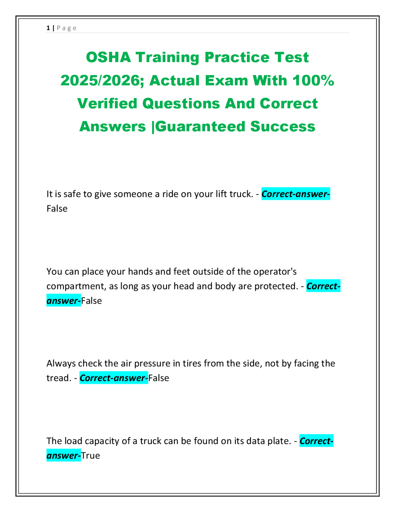 OSHA Training Practice Test 2025/2026; Actual Exam With 100% Verified ...