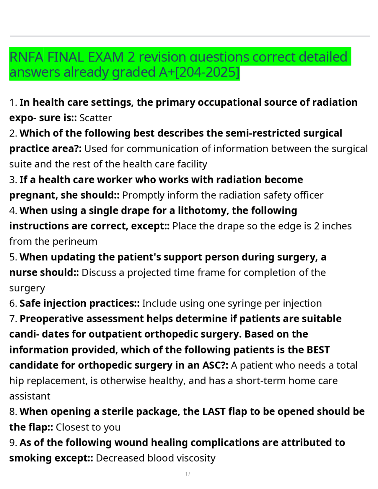 Sample Rnfa Log RNFA FINAL EXAM 2 revision questions correct detailed answers already ...