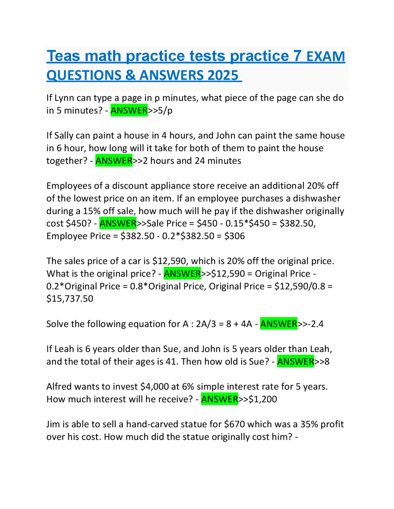 Teas Math Practice Geometry Questions Teas math practice tests practice 7 EXAM QUESTIONS & ANSWERS 2025 ...