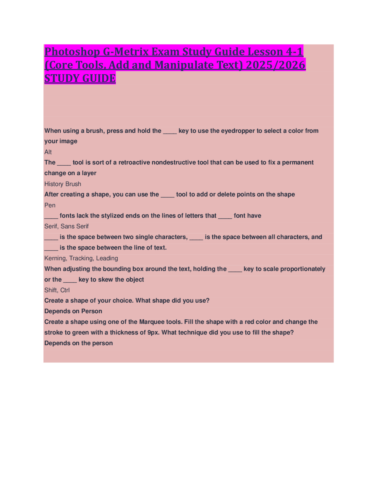 Photoshop G-Metrix Exam Study Guide Lesson 4-1 (Core Tools, Add and ...