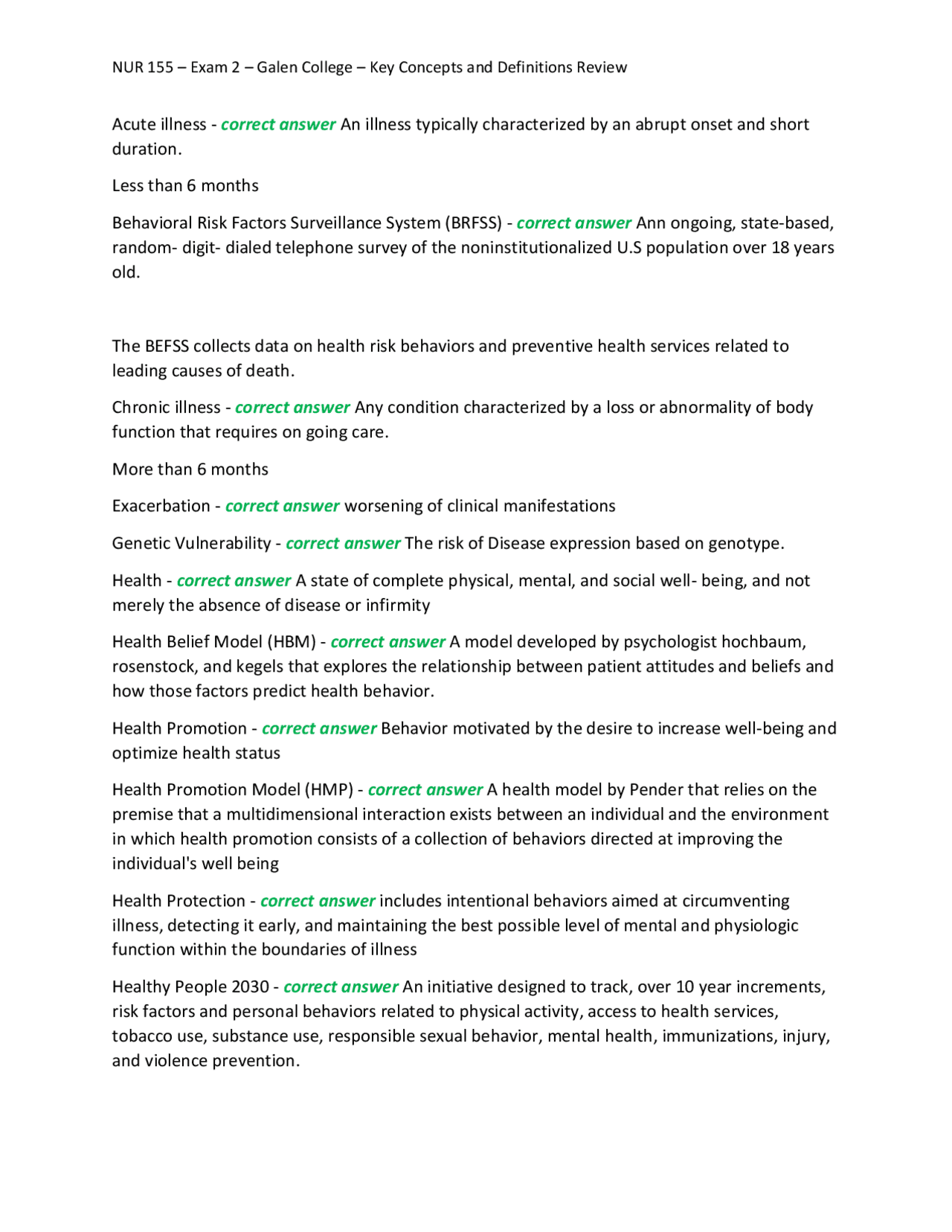 NUR 155 Exam 2 Review: Key Concepts and Definitions in Health, Wellness ...