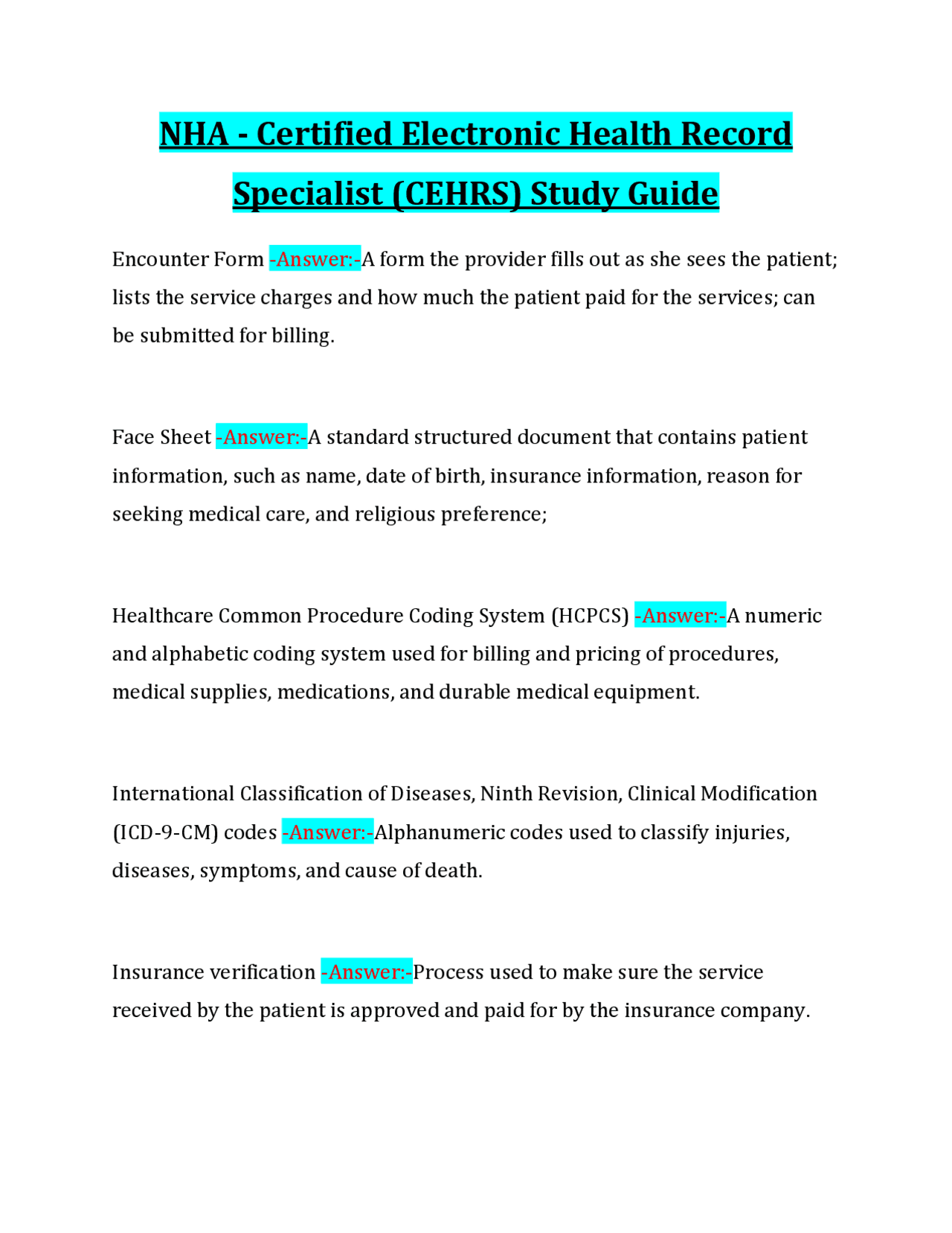 NHA - Certified Electronic Health Record Specialist (CEHRS) Study Guide | Exams Nursing | Docsity
