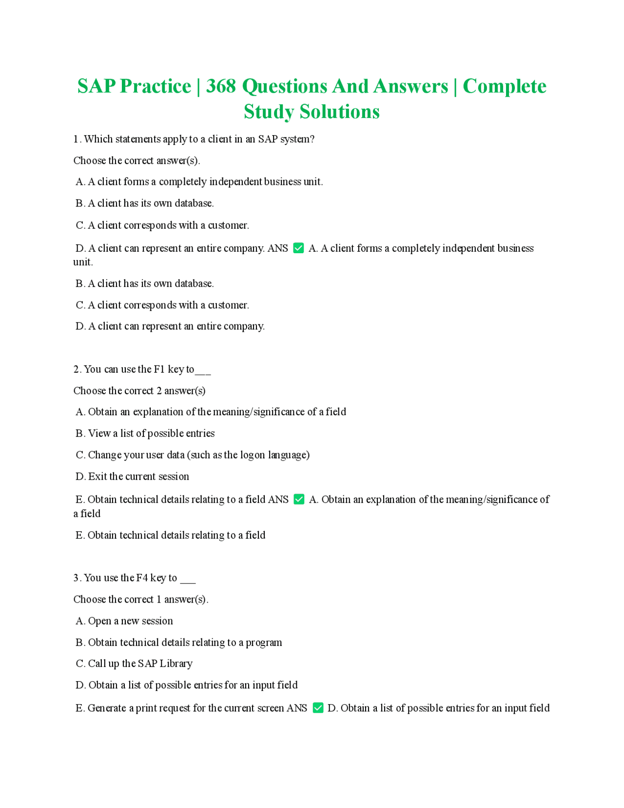 SAP Practice | 368 Questions And Answers | Complete Study Solutions ...