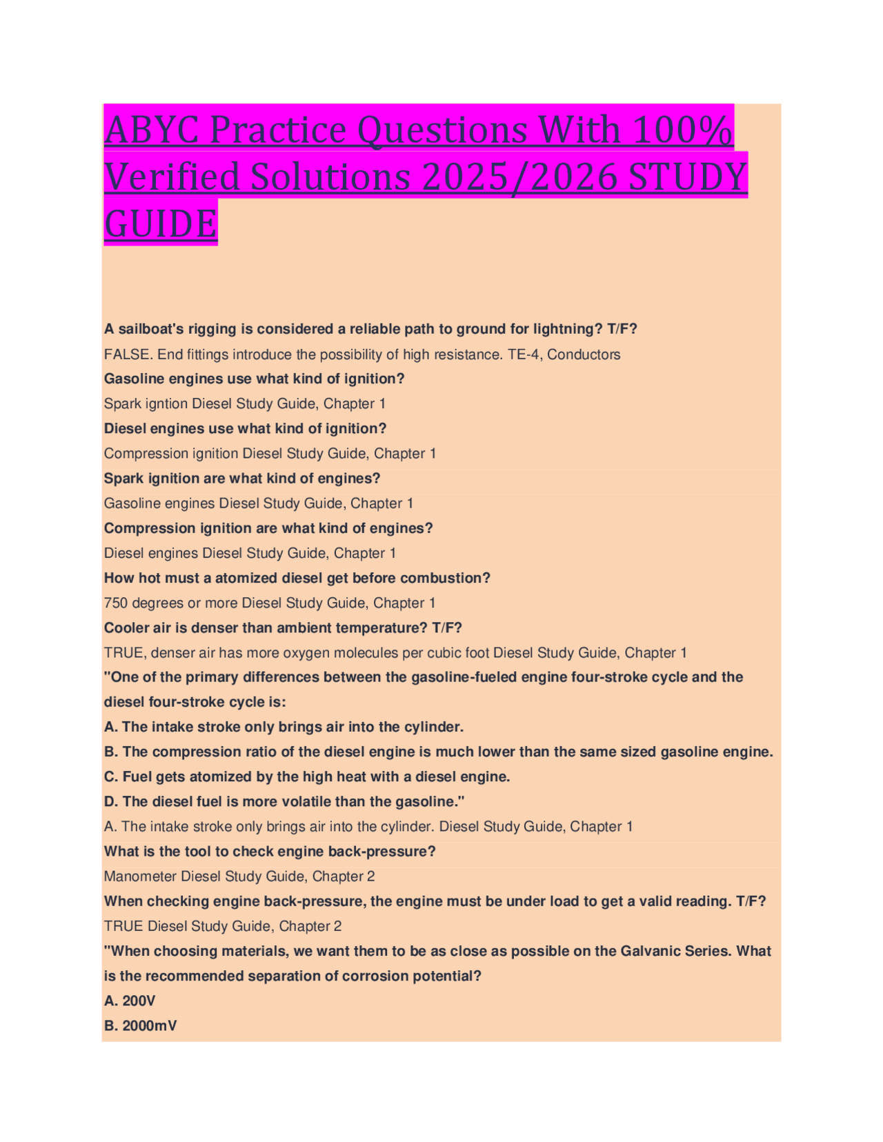 ABYC Diesel Engine Practice Questions and Solutions: 2025/2026 Study ...