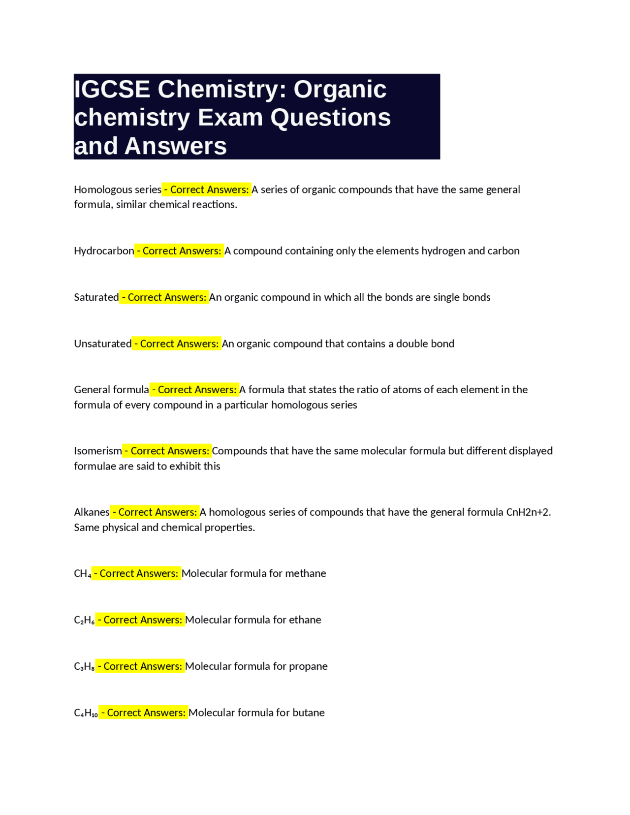 IGCSE Chemistry: Organic Chemistry Exam Q&A | Exams Chemistry | Docsity
