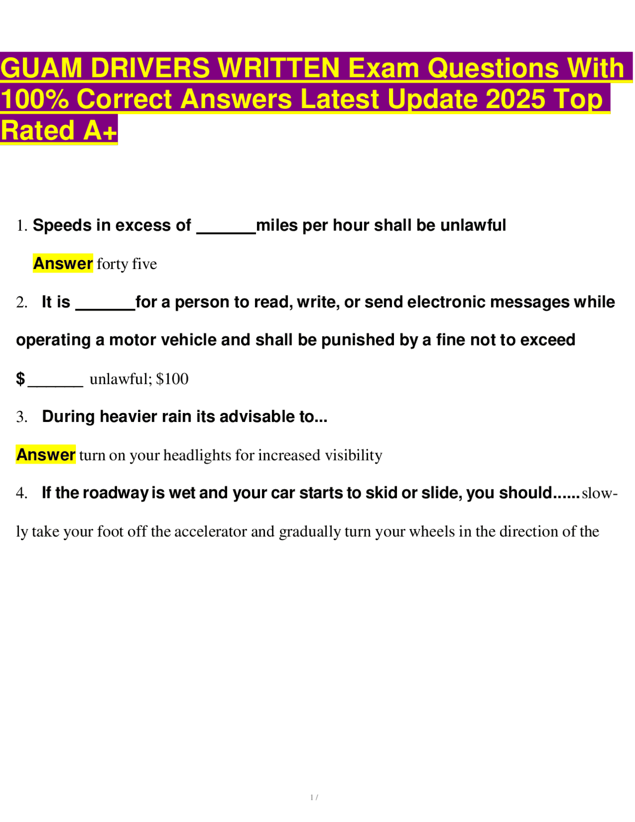 GUAM DRIVERS WRITTEN Exam Questions With 100% Correct Answers Latest ...