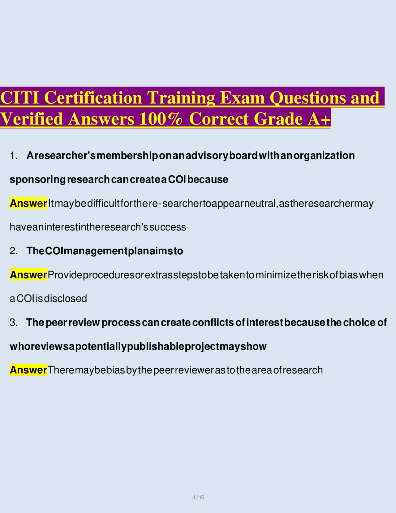 Citi Program Answers Module 1 CITI Certification Training Exam: Questions and Answers | Exams Nursing ...