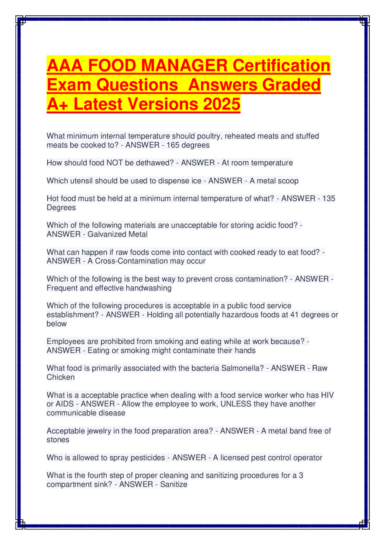 AAA FOOD MANAGER Certification Exam Questions Answers Graded A+ Latest ...