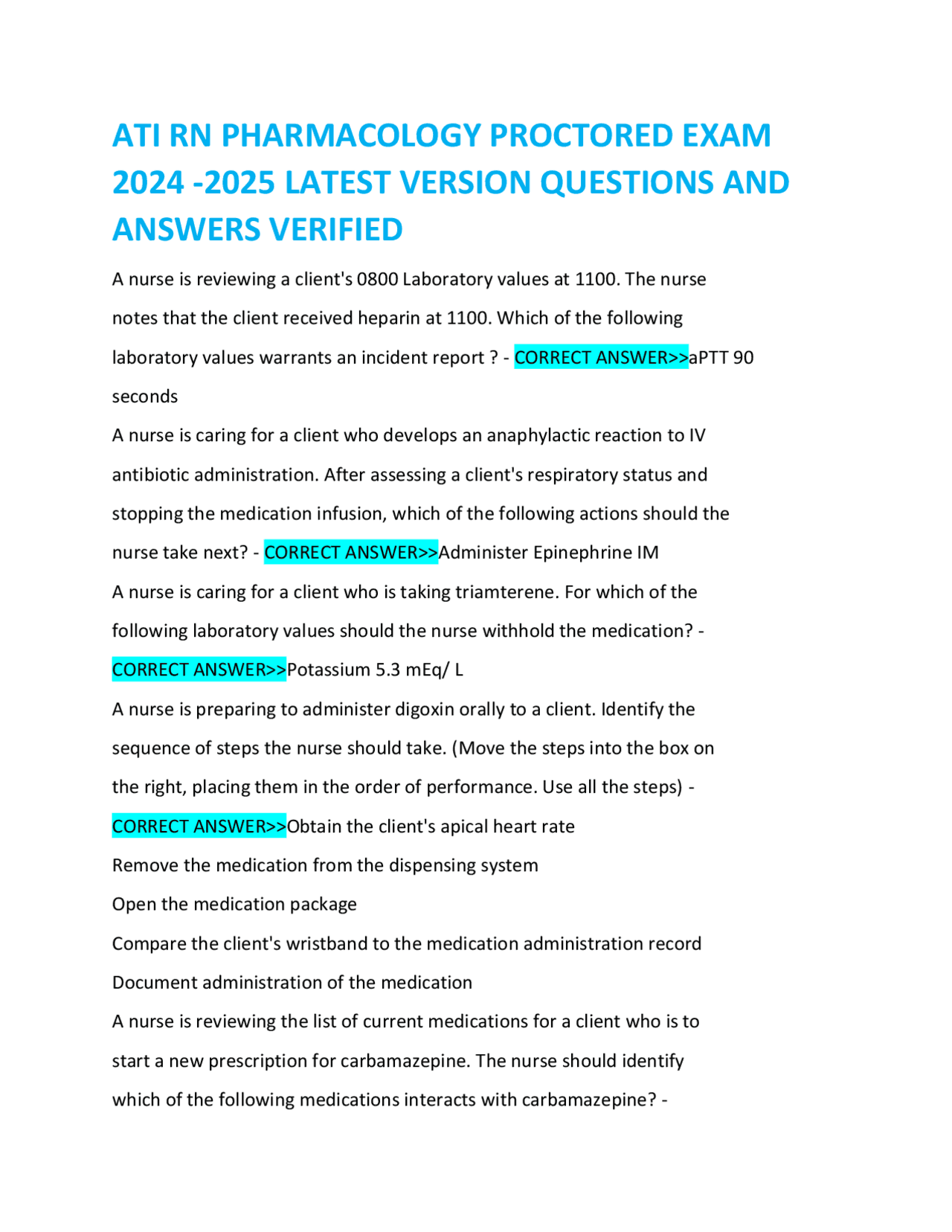 ATI RN PHARMACOLOGY PROCTORED EXAM 2024 -2025 LATEST VERSION QUESTIONS ...