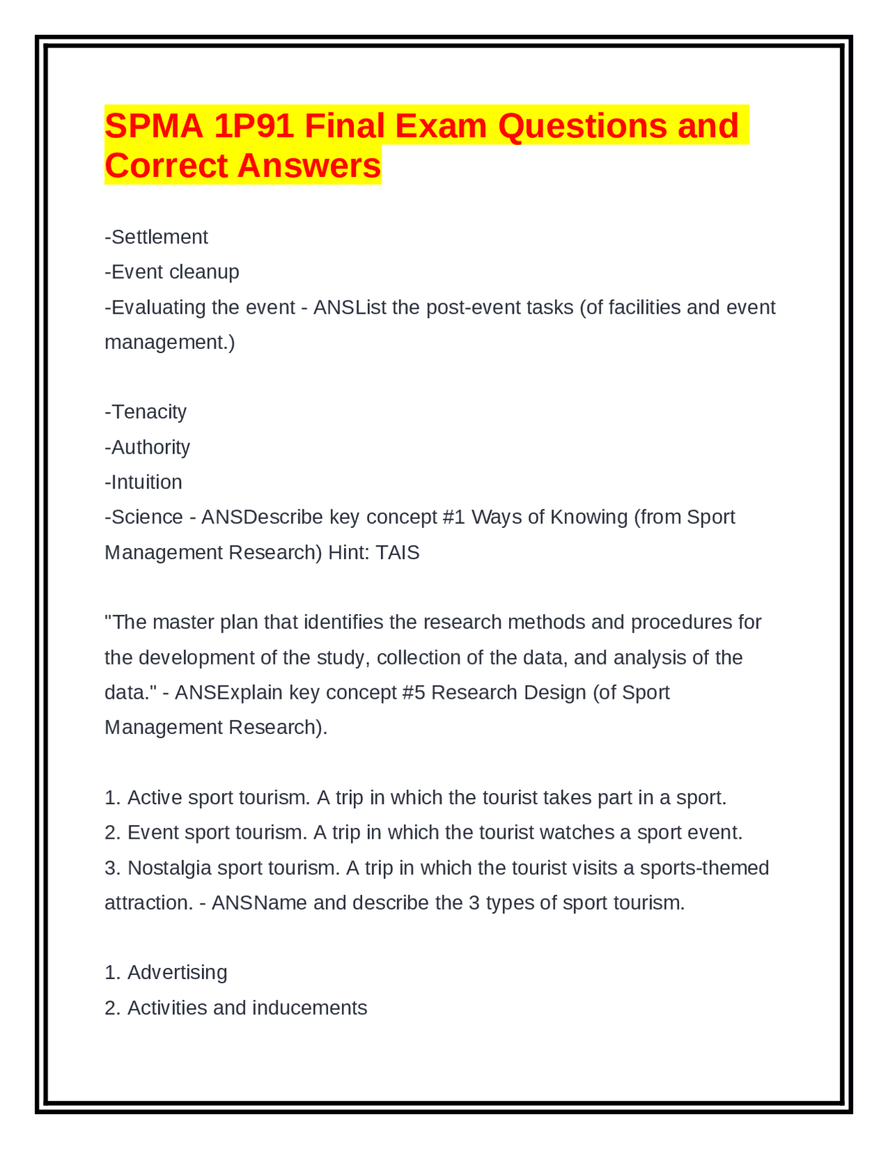 SPMA 1P91 Final Exam Questions and Correct Answers | Exams Business ...