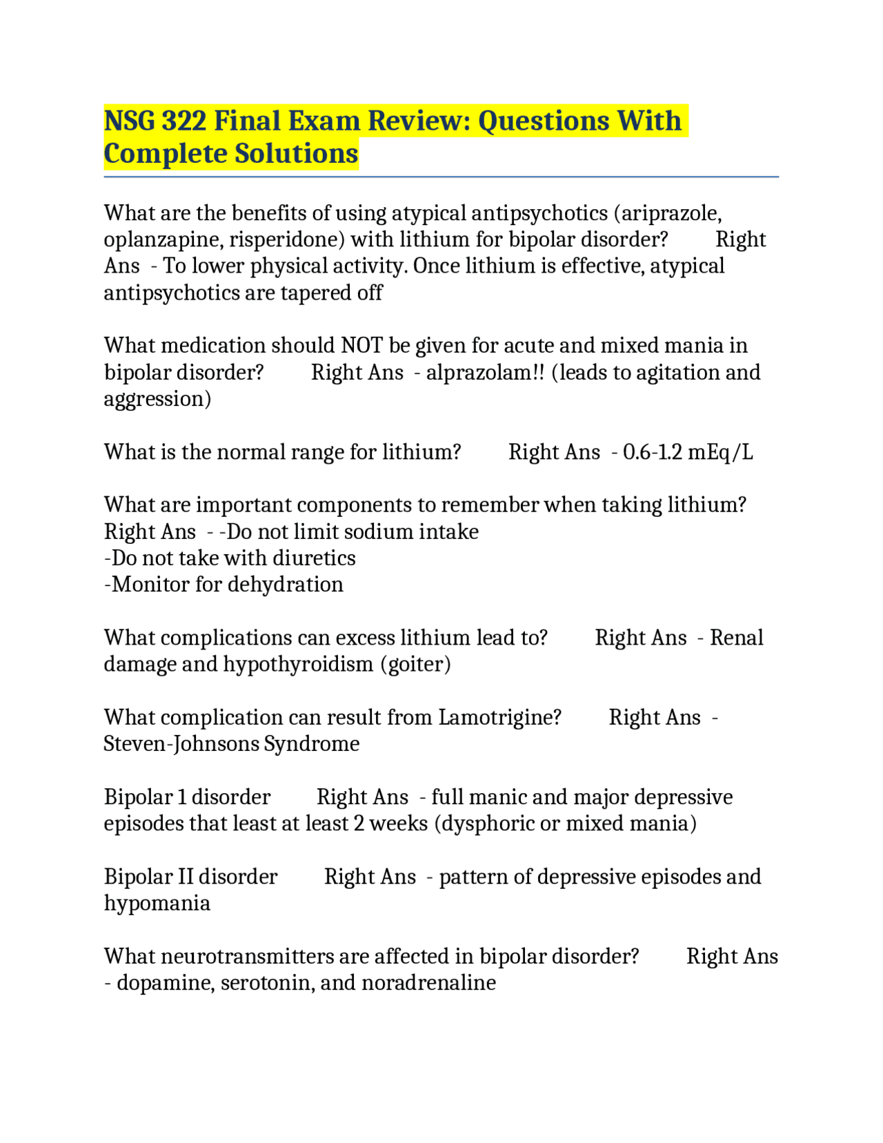 Psychiatric Nursing Exam Review: Questions and Answers | Exams Public ...