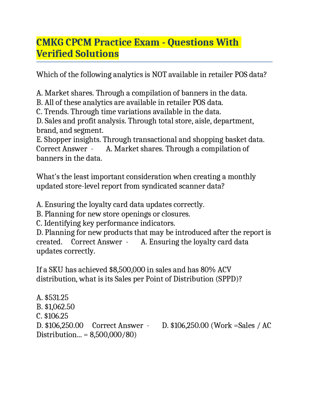 Sample Ccmg Test Example CMKG CPCM Practice Exam - Questions With Verified Solutions | Exams ...