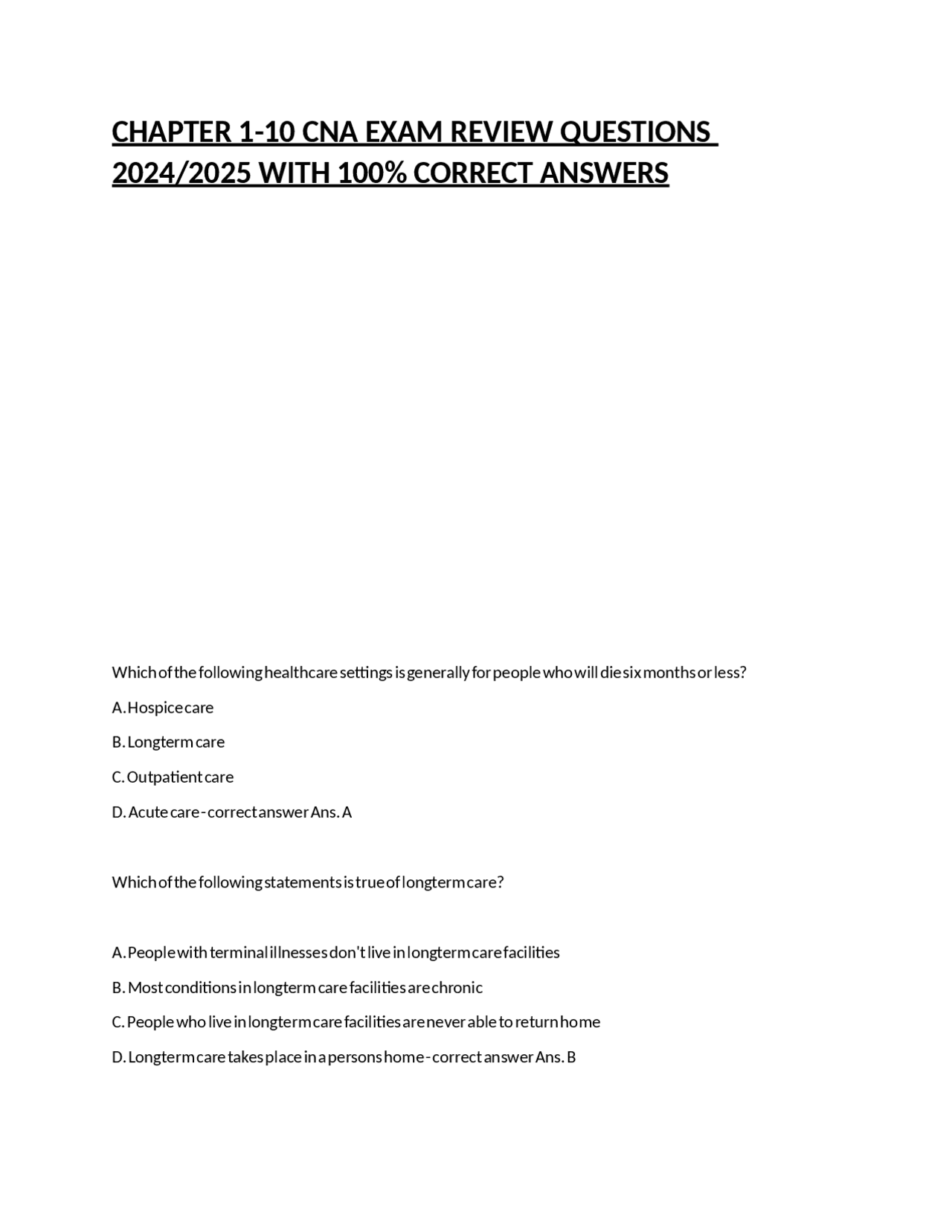 Chapter 1-10 CNA Exam Review Questions. | Exams Nursing | Docsity