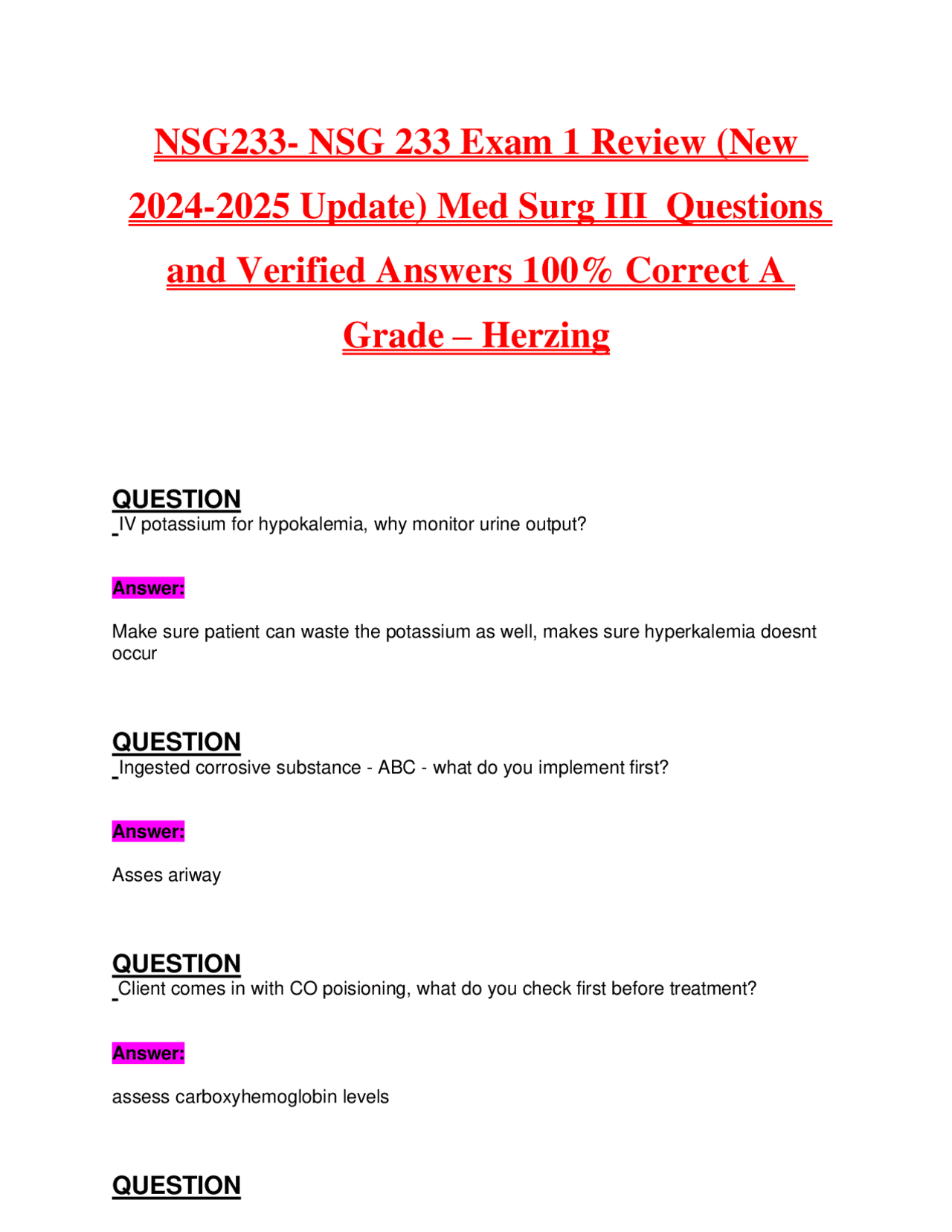 NSG 233 Exam 1 (Latest Update 2024/2025) Med Surg III Verified ...