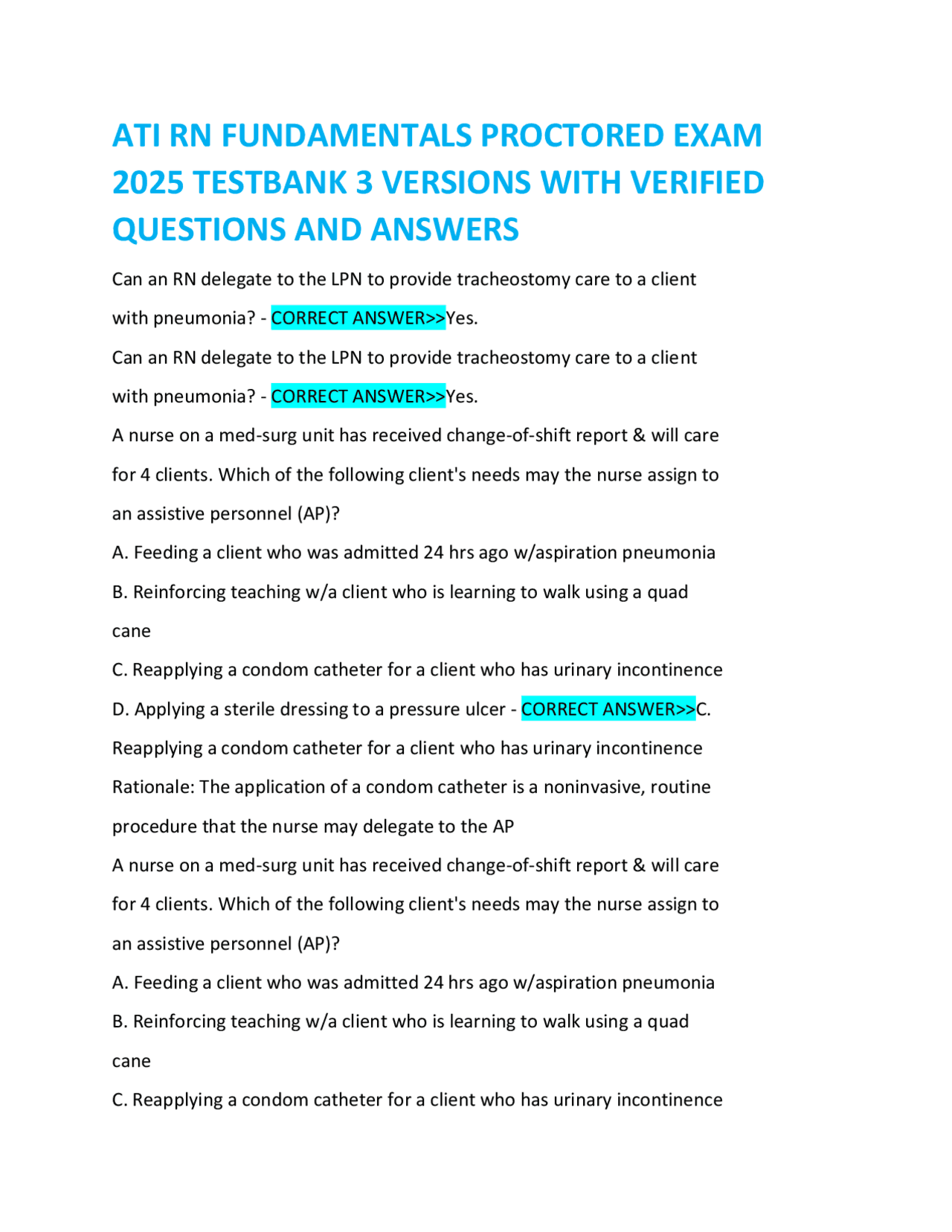 ATI RN FUNDAMENTALS PROCTORED EXAM 2025 TESTBANK 3 VERSIONS WITH ...