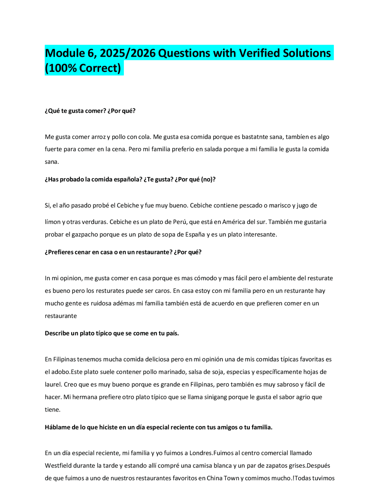 Spanish Module 6 Module 6, 2025/2026 Questions with Verified Solutions (100% Correct ...