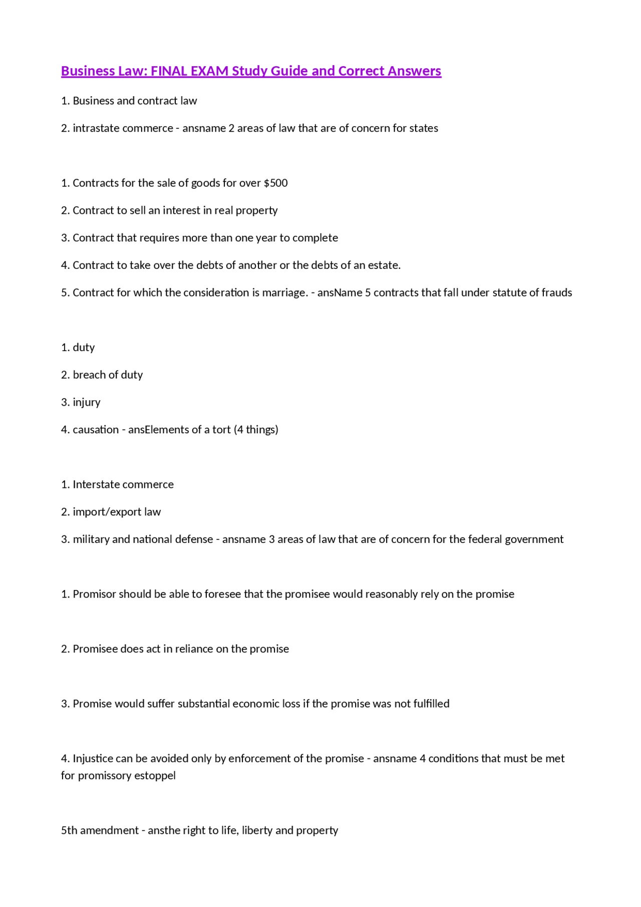 Business Law FINAL EXAM Study Guide and Correct Answers | Exercises ...
