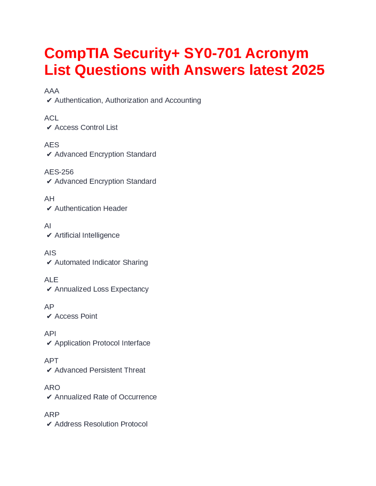 CompTIA Security+ SY0-701 Acronym List Questions with Answers latest ...