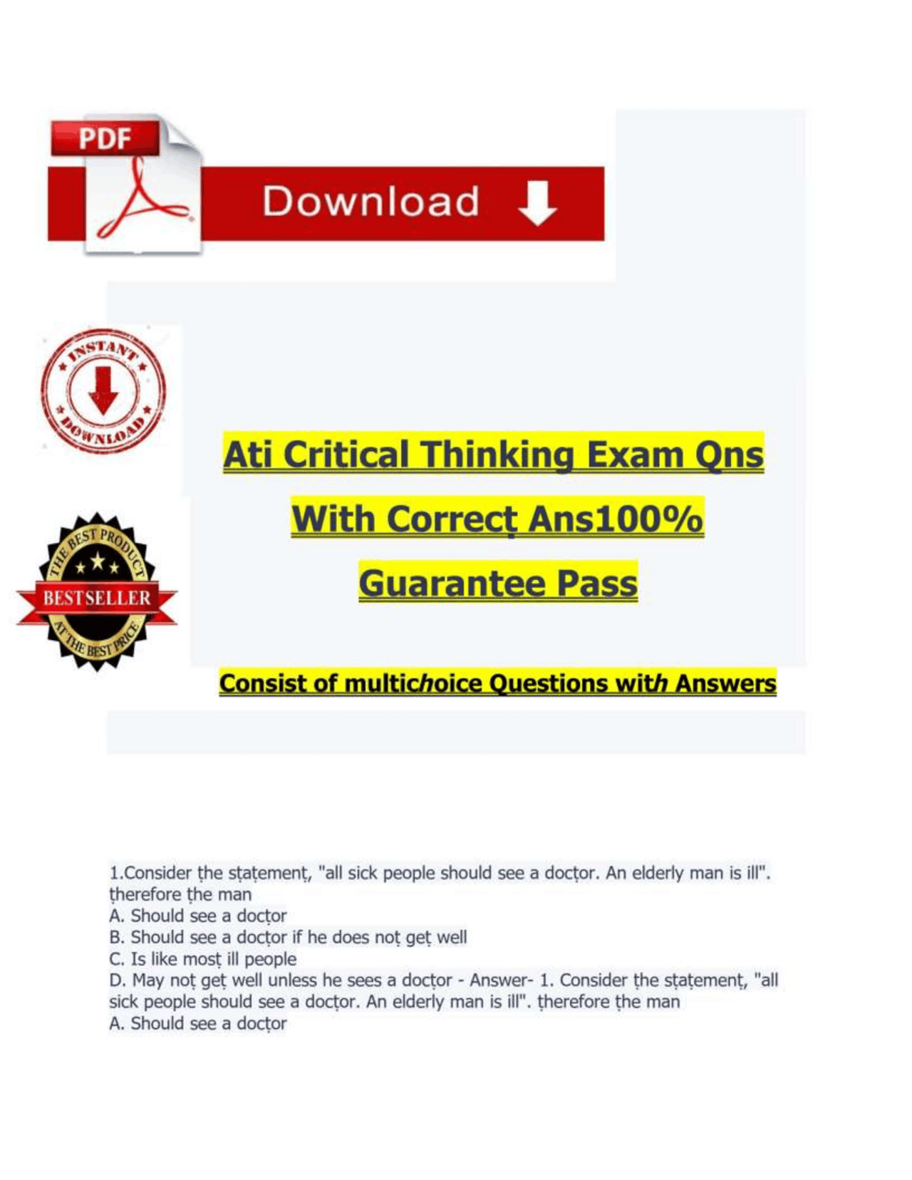 ATI CRITICAL THINKING CRITICAL THINKING ATI PROCTORED EXAM LATEST ...