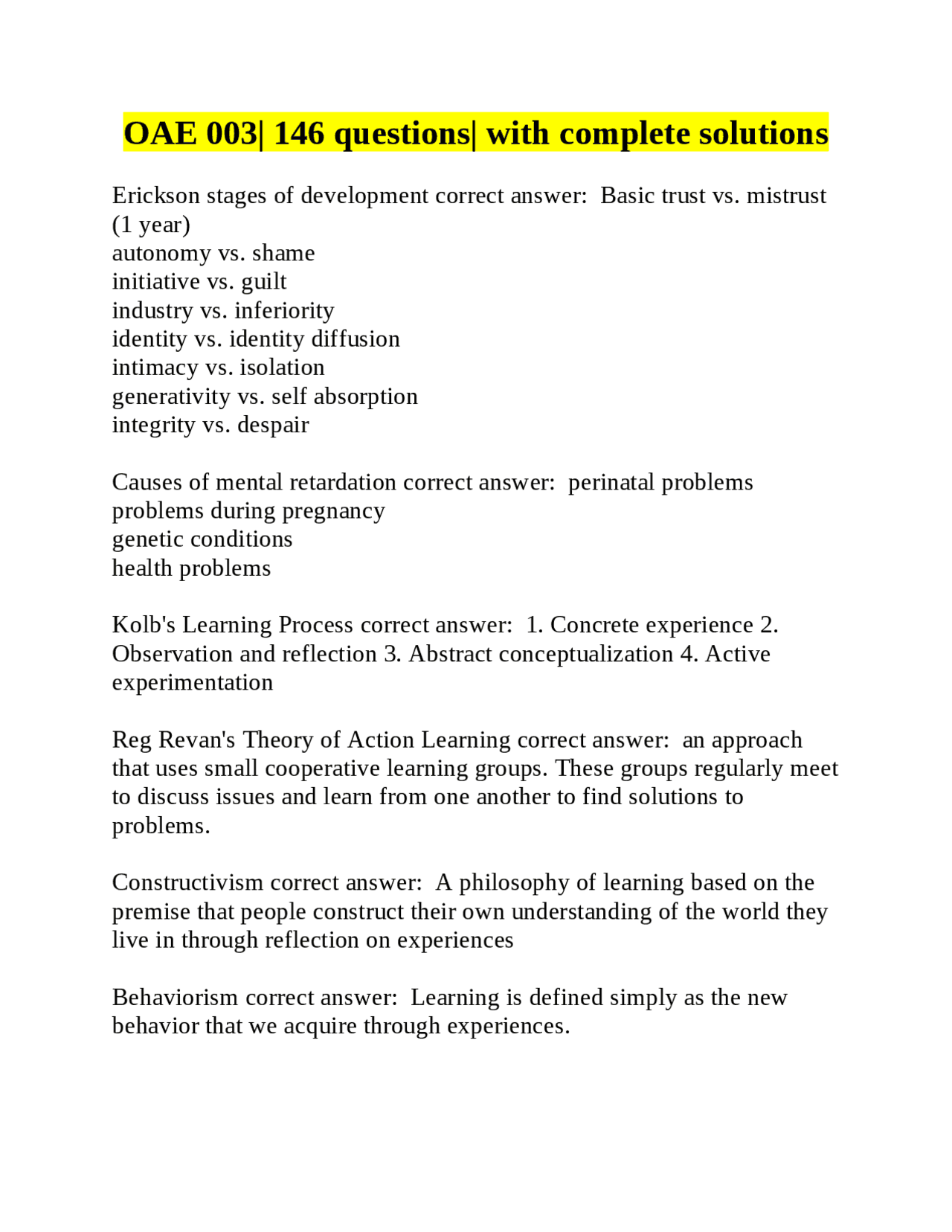 OAE 003| 146 questions| with complete solutions | Exams Nursing | Docsity