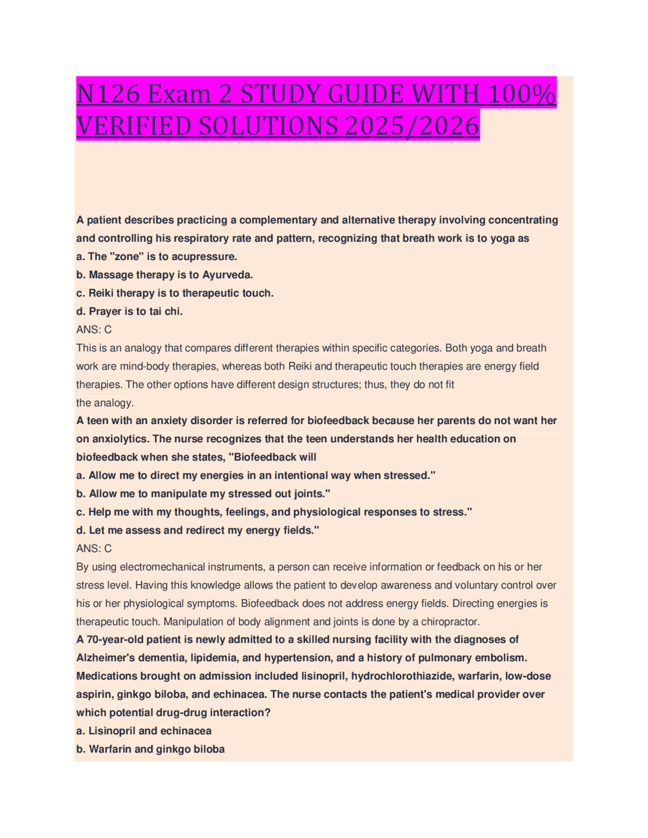N126 Exam 2 STUDY GUIDE WITH 100% VERIFIED SOLUTIONS 2025/2026 | Exams ...