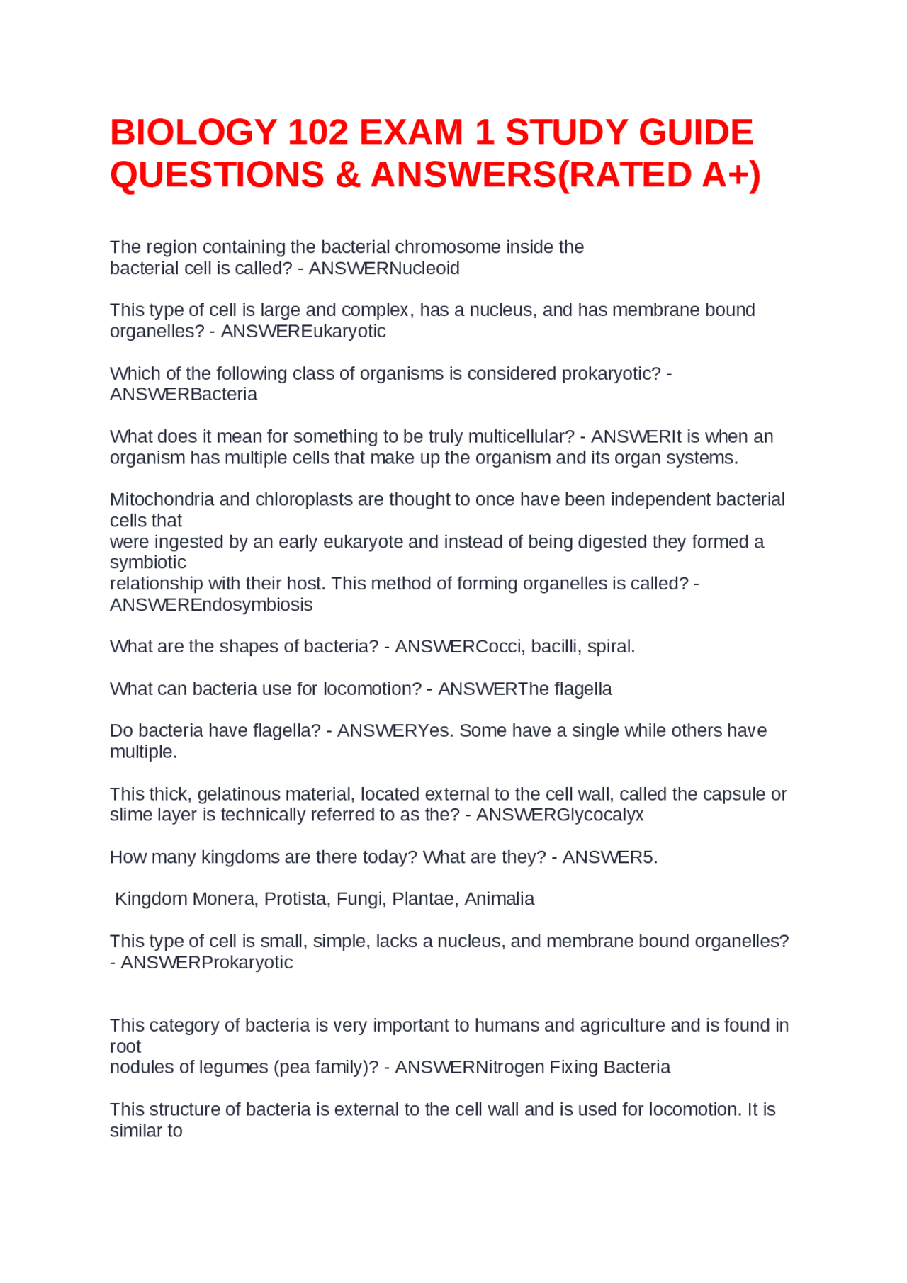 BIOLOGY 102 EXAM 1 STUDY GUIDE QUESTIONS & ANSWERS(RATED A+) | Exams ...