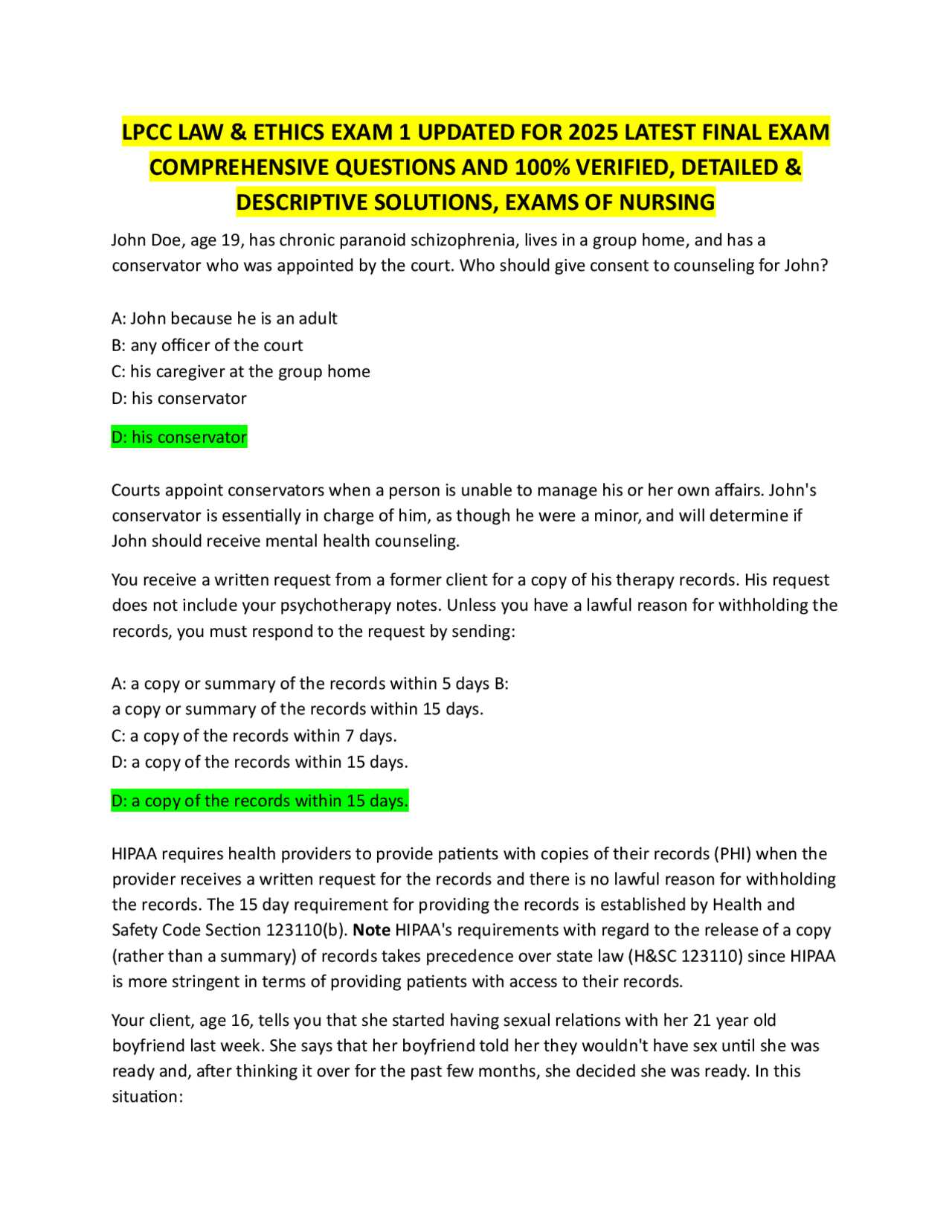LPCC LAW & ETHICS EXAM 1 UPDATED FOR 2025 LATEST FINAL EXAM ...