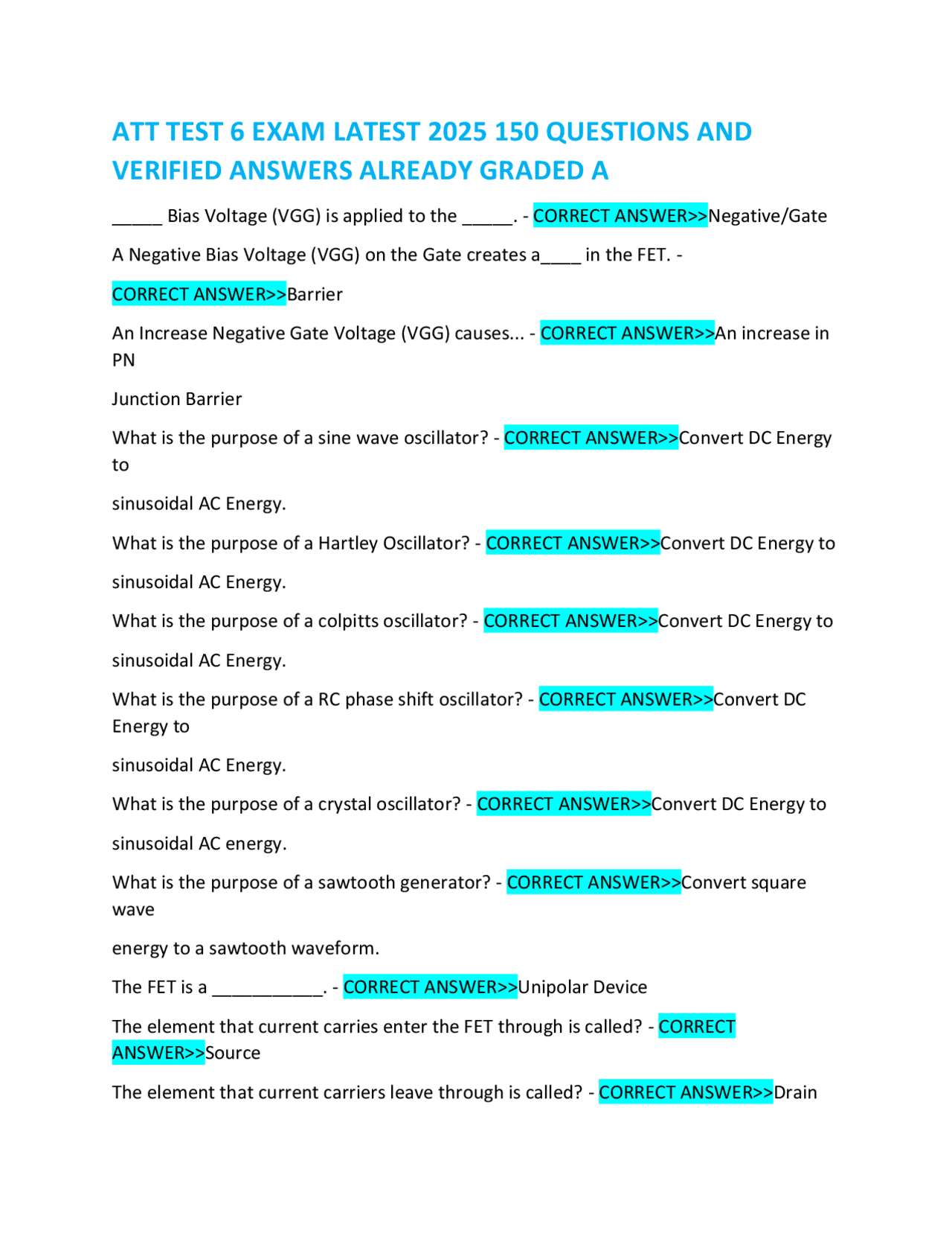 ATT TEST 6 EXAM LATEST 2025 150 QUESTIONS AND VERIFIED ANSWERS ALREADY ...